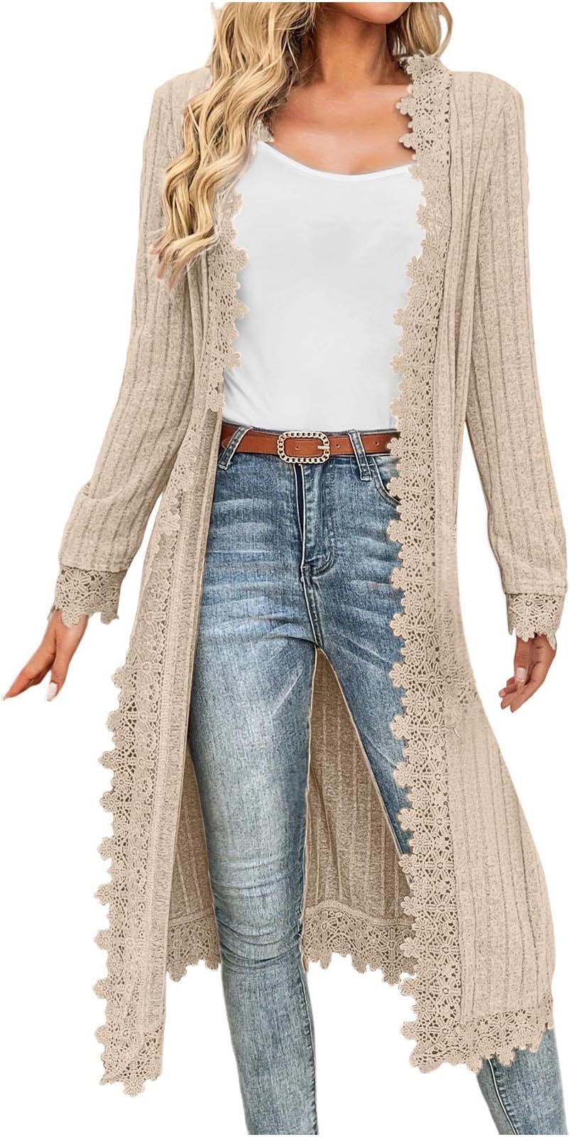 Long Cardigans for Women Open Front Drape Lightweight Duster Long Sleeve Crochet Lace Outerwear Casual Fall Cardigan