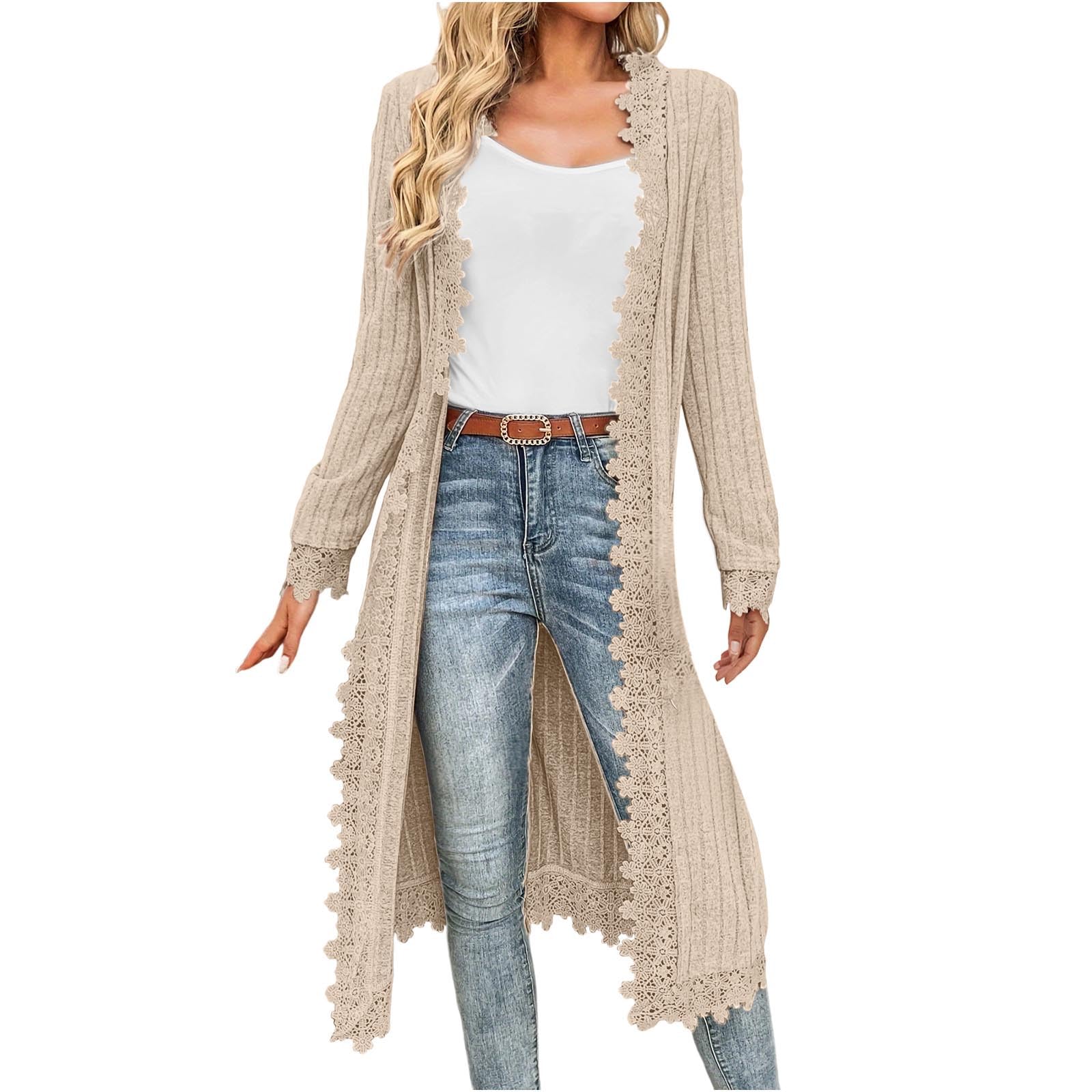 Long Cardigans for Women Open Front Drape Lightweight Duster Long Sleeve Crochet Lace Outerwear Casual Fall Cardigan