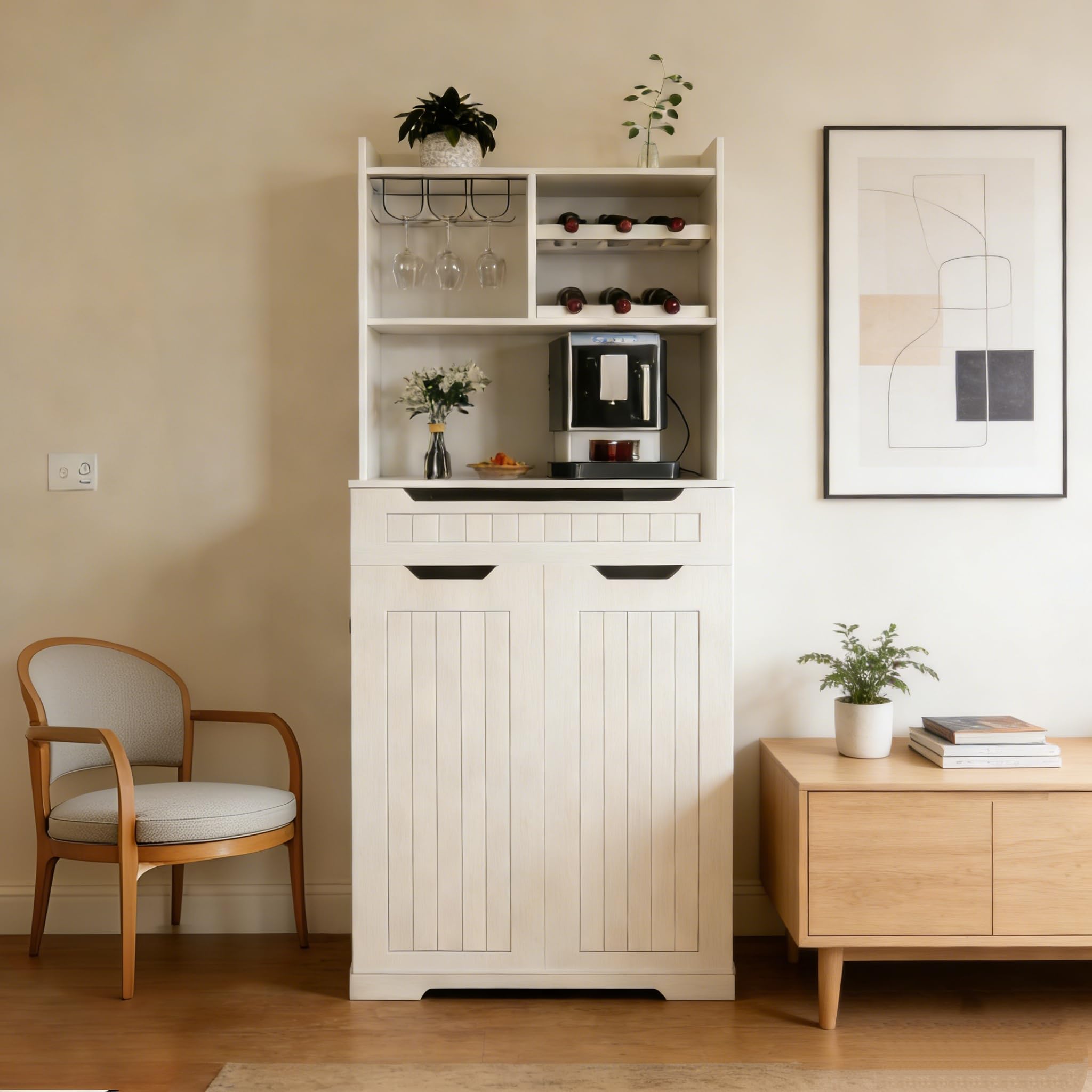 70" Tall Kitchen Pantry Cabinet with Charging Station &amp; Drawer,Farmhouse Modern Wood Small Storage Cabinets w/ Wide Tabletop,Wine Rack &amp; 6 Door Shelves,for Small Kitchen,Living &amp; Dining Room,White