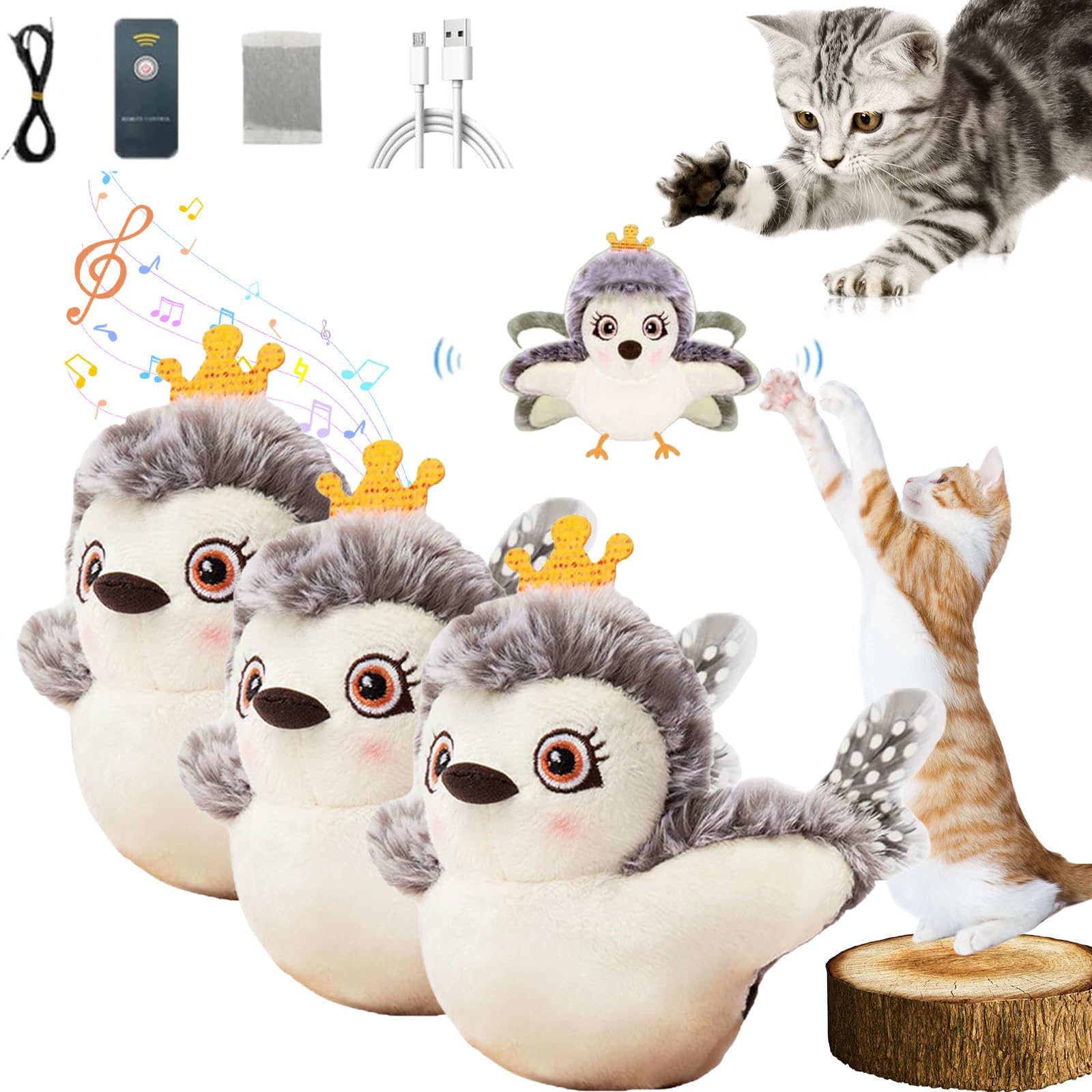 Donubiiu Chirping Bird Cat Toy Flapping Wing, Flapping Chirping Sparrow Cat Toy, Simulated Chirping Bird Cat Toy, Rechargeable Interactive Cat Toys,Flapping Bird Cat Toys for Indoor Cats (Owl*3)