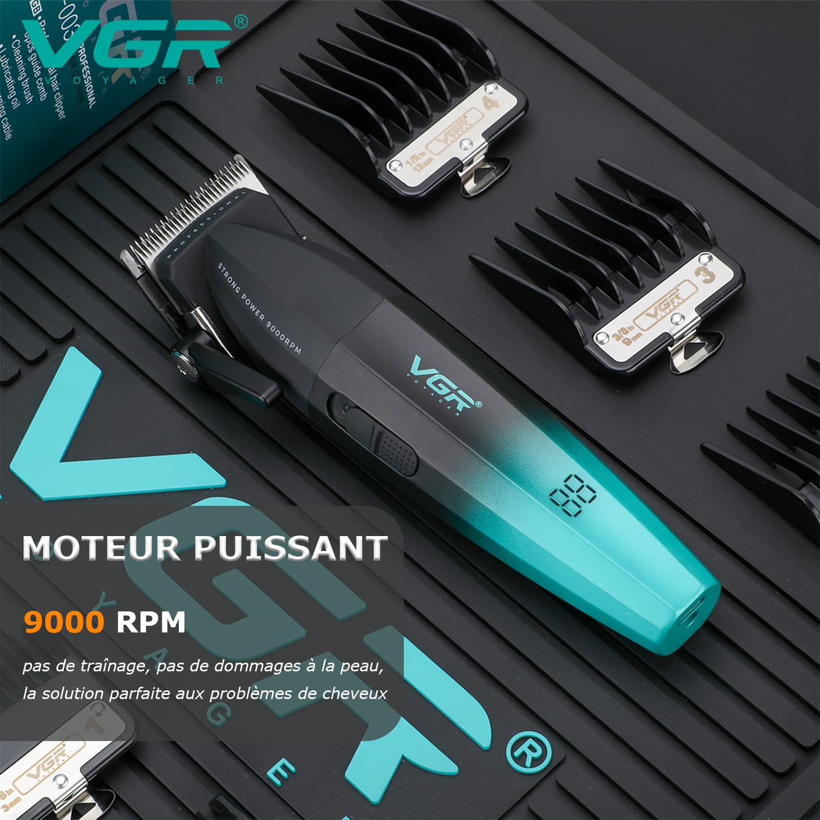 VGR 003 Fresh Fade Tondeuse Cheveux Hommes Professionnel, Boîtier Métallique et Moteur Puissant à 9000 TR/MIN, Tondeuse à Cheveux Sans Fil, Lames en Céramique, Affichage LED, Recharge USB, Vert