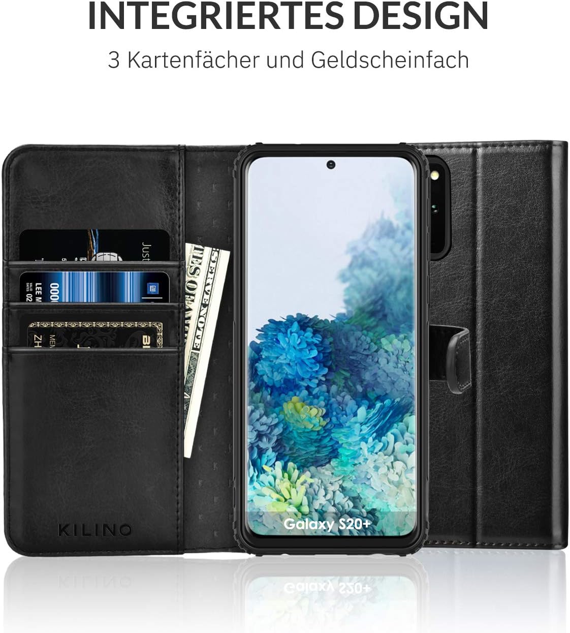 KILINO Galaxy S20 Plus 5G Wallet Case [RFID Blocking] [PU Leather] [Shock-Absorbent Bumper] [Soft TPU] [Card Slots] [Kickstand] [Magnetic Closure] Flip Folio Cover for Samsung Galaxy S20+ 5G (Black)