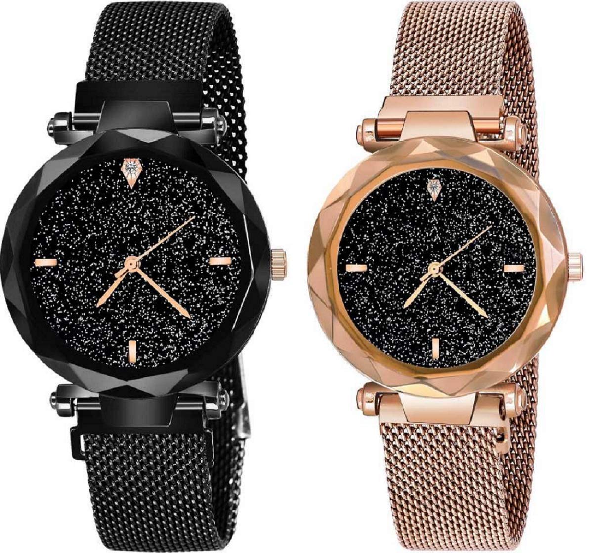 ZUPERIA Analogue Round Black Dial Magnetic Luxury Black & Rose Gold Belt Watch - Pack of 2 - for Girls & Women (B083QKJMSR) Amazon Price History, Amazon Price Tracker