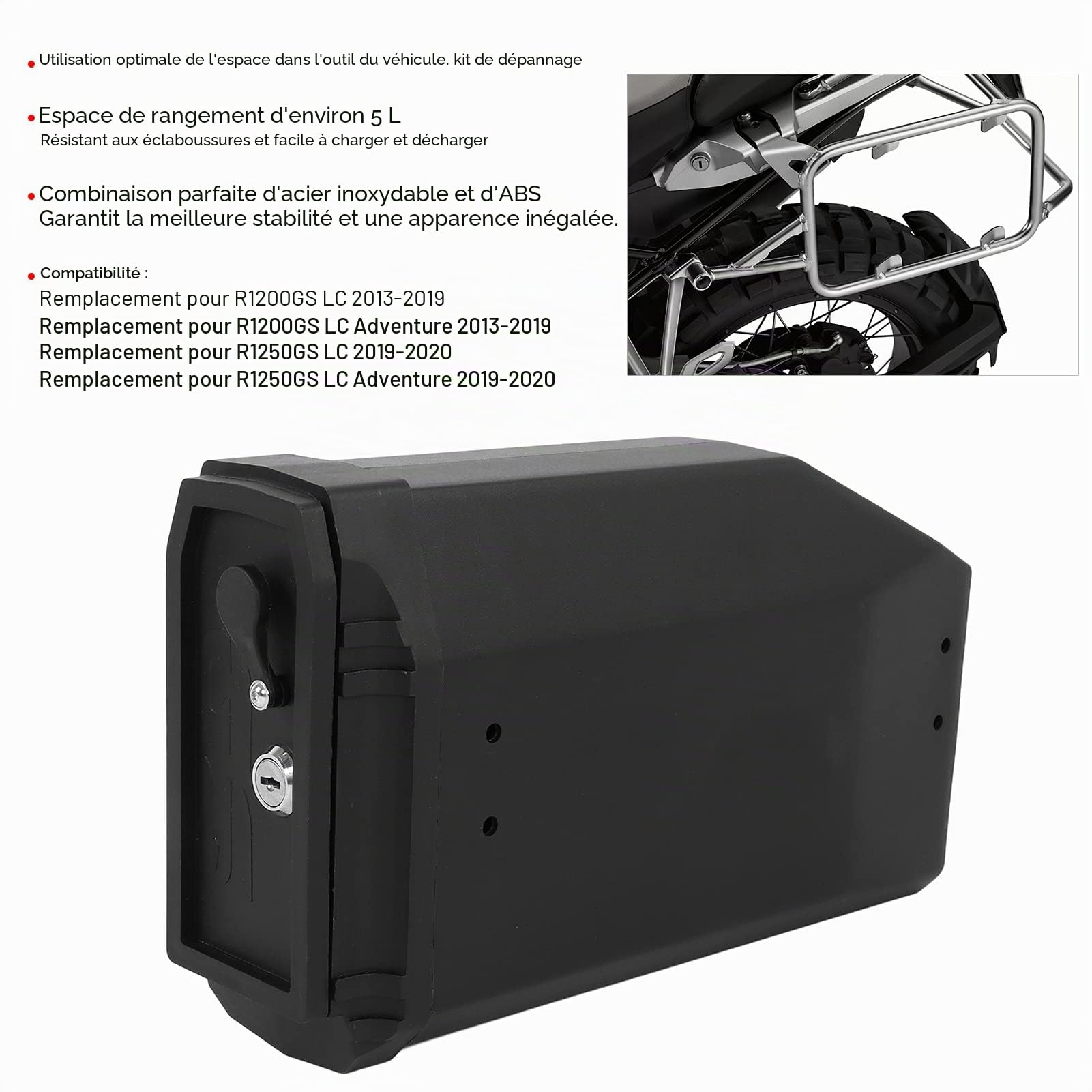 Fydun Boîte à Outils de Moto, Boîte à Outils Arrière de Moto 5 litres Kit D'outils de Mécanique pour Organisateur de Boîte Gauche Droite Remplacement pour R1200GS LC 2013‑2019