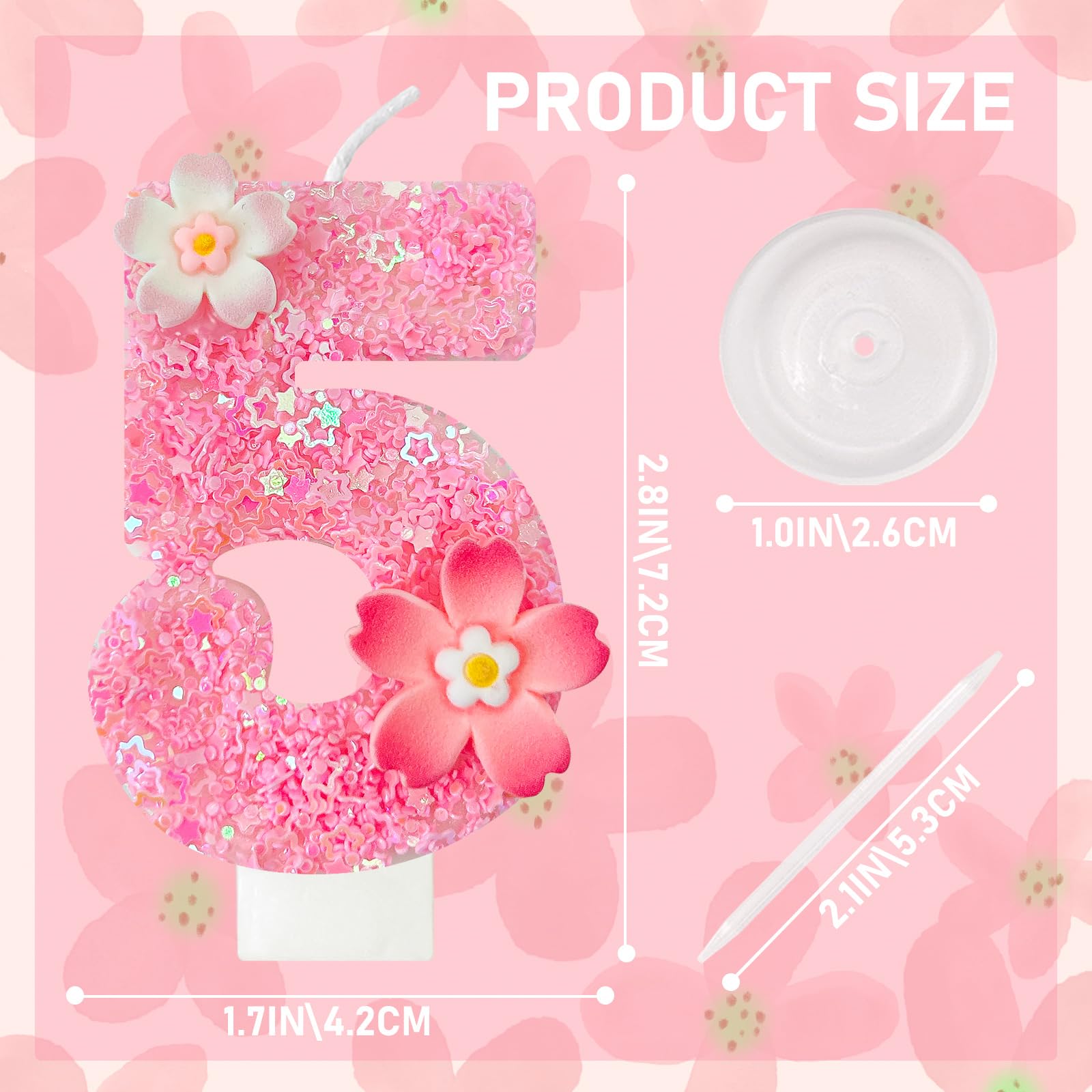 Vela de cumpleaños de flor rosa, velas de cumpleaños número 5 para pasteles, decoración ideal para fiestas de cumpleaños, aniversario de boda y otras celebraciones (flor 5)
