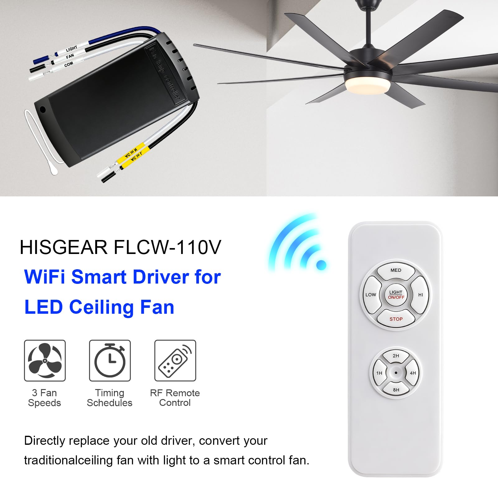 Kit universale per ventilatore da soffitto con interruttore silenzioso, telecomando senza fili con regolazione a 3 marce, controllo della luce e 4 controlli di timming, telecomando senza fili