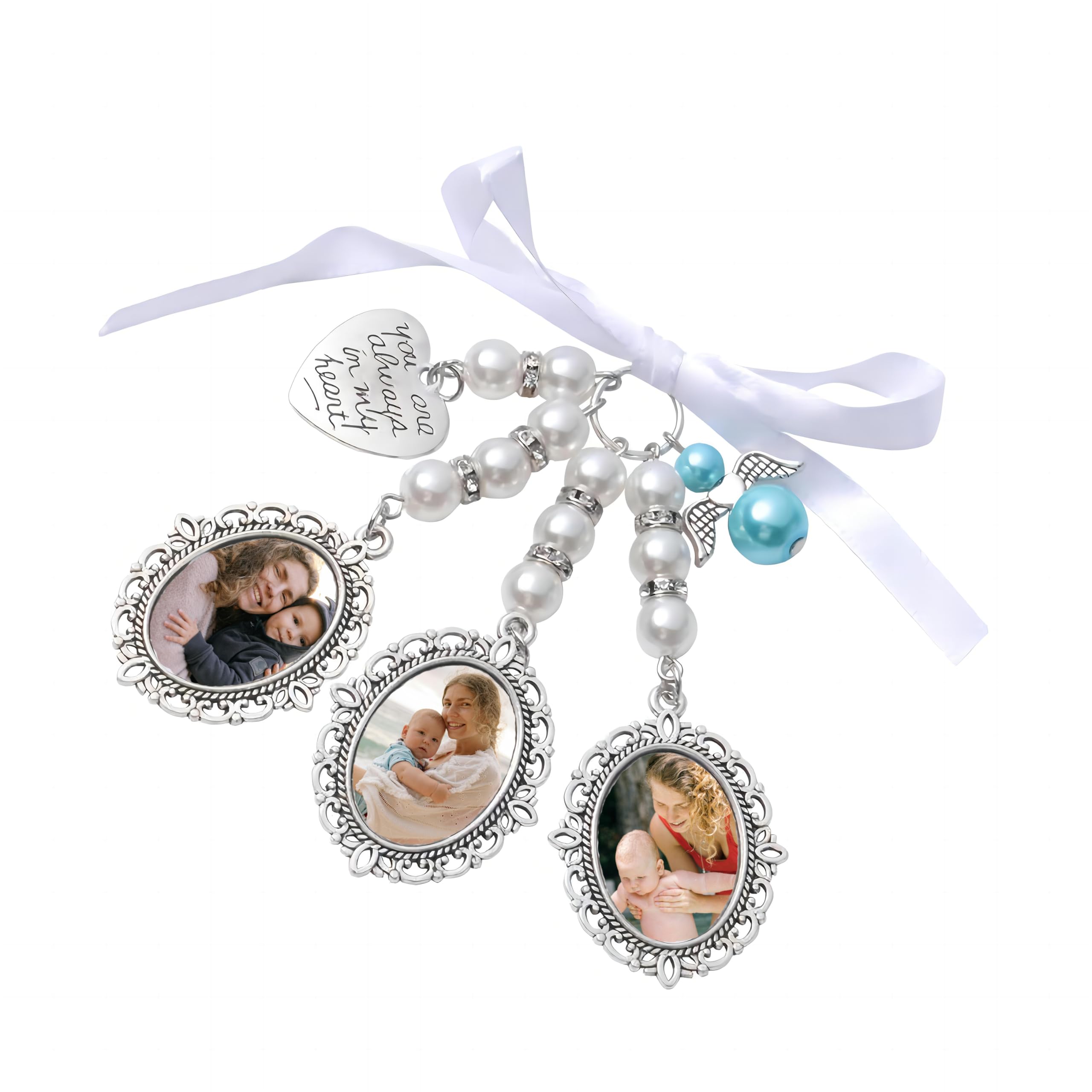 Eletizy Custom Wedding Bouquet Photo Charm Personalized Bouquet Charms for Wedding Party Memory Bridal, Lacy Oval Bridal Charm Angel Pendant You Are Always in My Heart