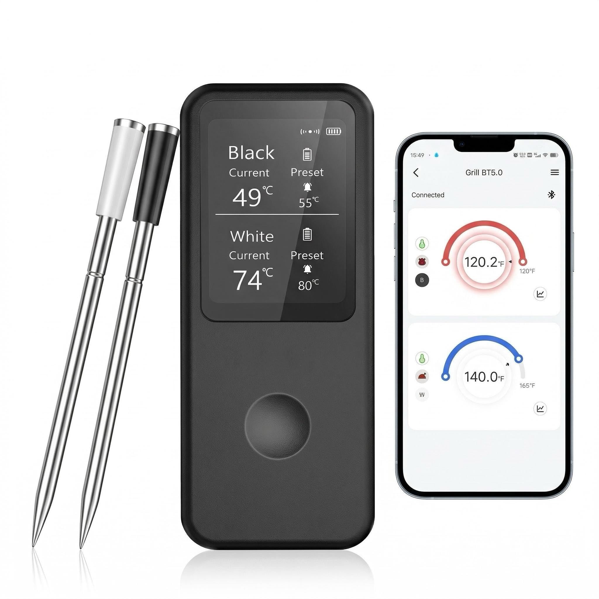 Berrcom 2.4 Inch Wireless Meat Thermometer with Dual Probes, Bluetooth Meat Thermometer with 500FT Range, 400°C Heat-Resistant Probe, Smart App with 12 Presets for Grilling BBQ Oven Smoker