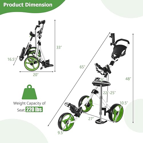 Miniatura 8 de Tangkula Carrito de golf con asiento ligero plegable plegable de 3 ruedas carrito de golf con freno de pie soporte de paraguas ajustable y asiento