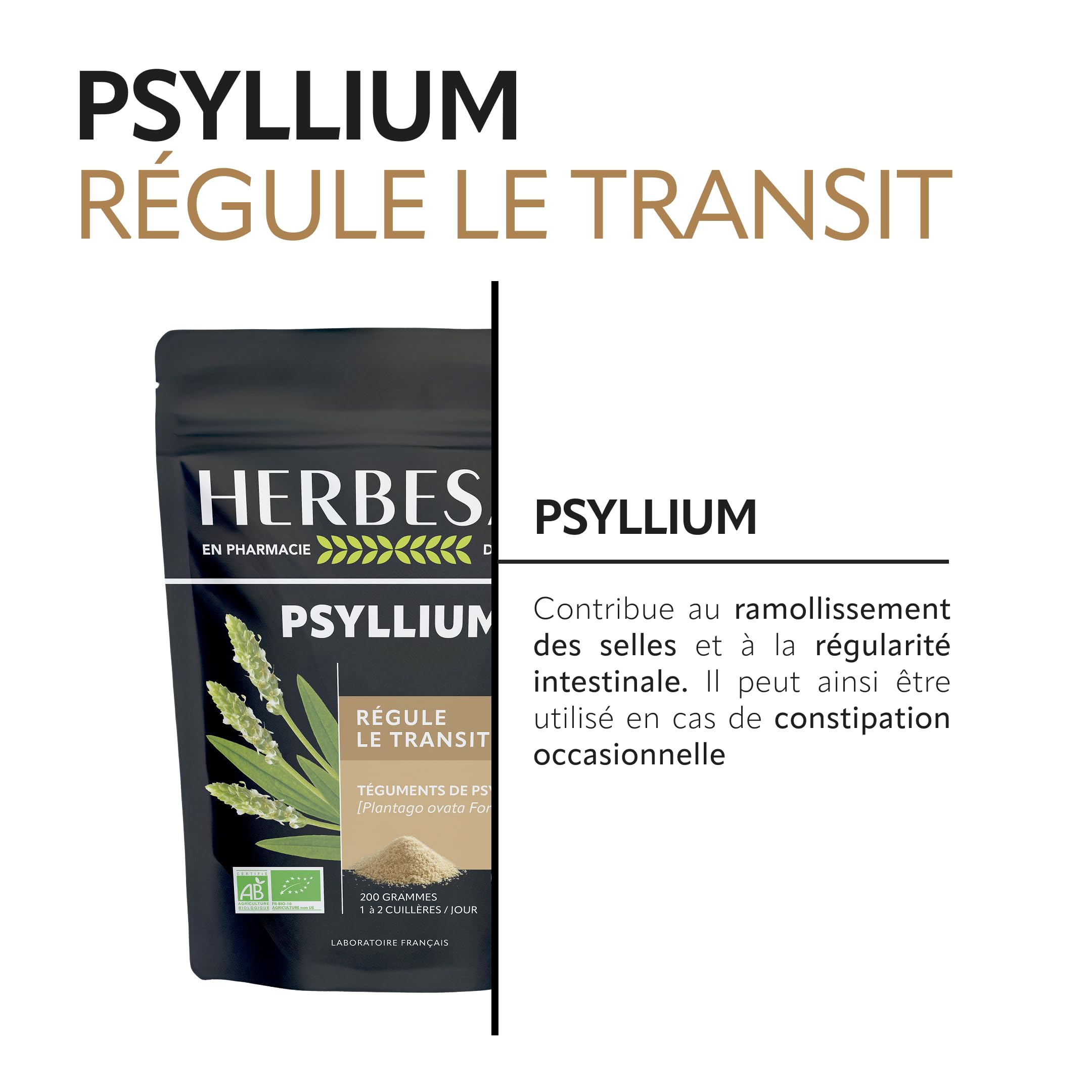 HERBESAN®- PSYLLIUM BLOND BIO - Transit naturel, Bien-être digestif- Fabriqué en France- Sachet papier refermable - Téguments 200 g