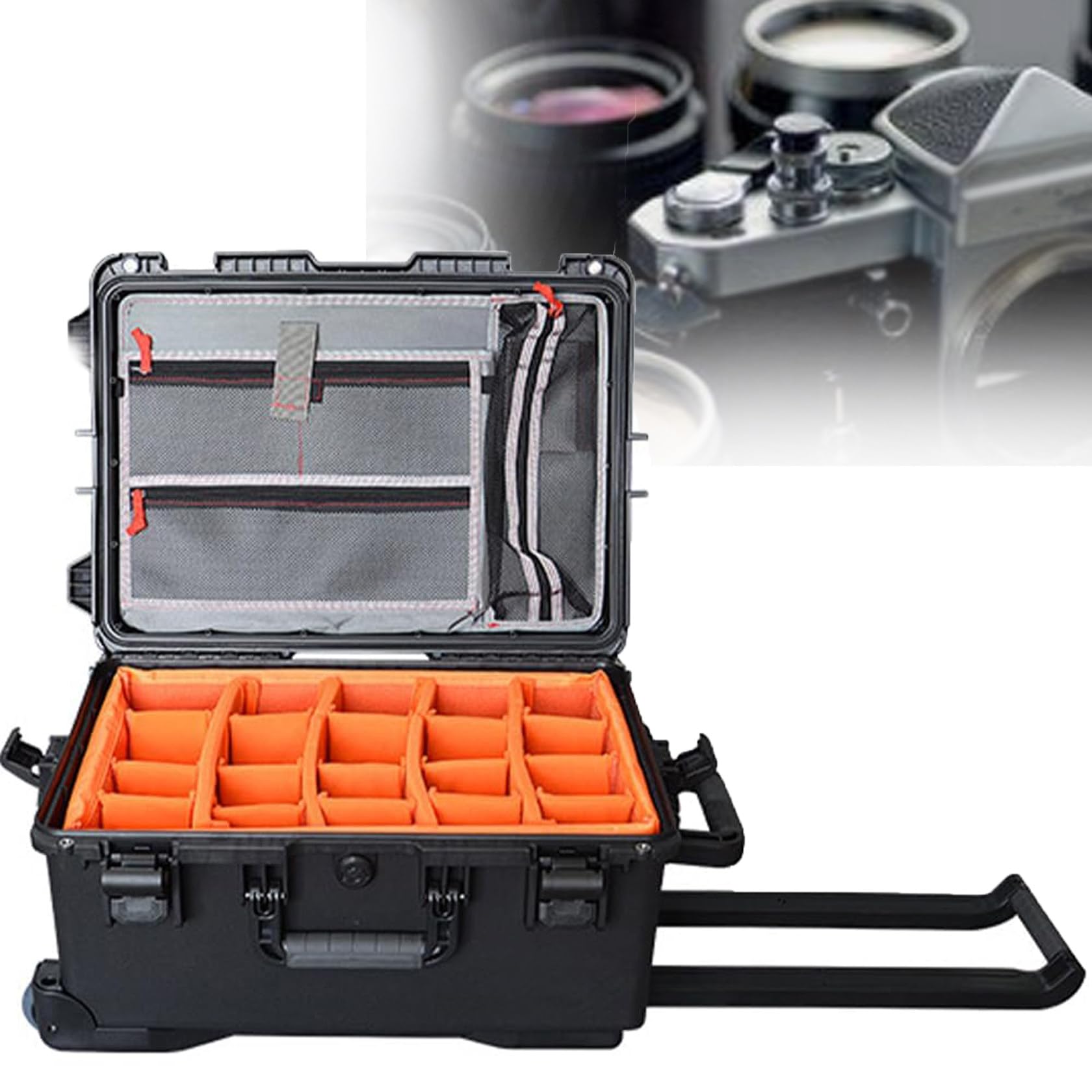 Mochila 2 en 1 con ruedas para cámara, funda de equipaje con asa y separadores antigolpes, funda rígida resistente a la intemperie, funda impermeable IP67 para cámaras, drones y equipo