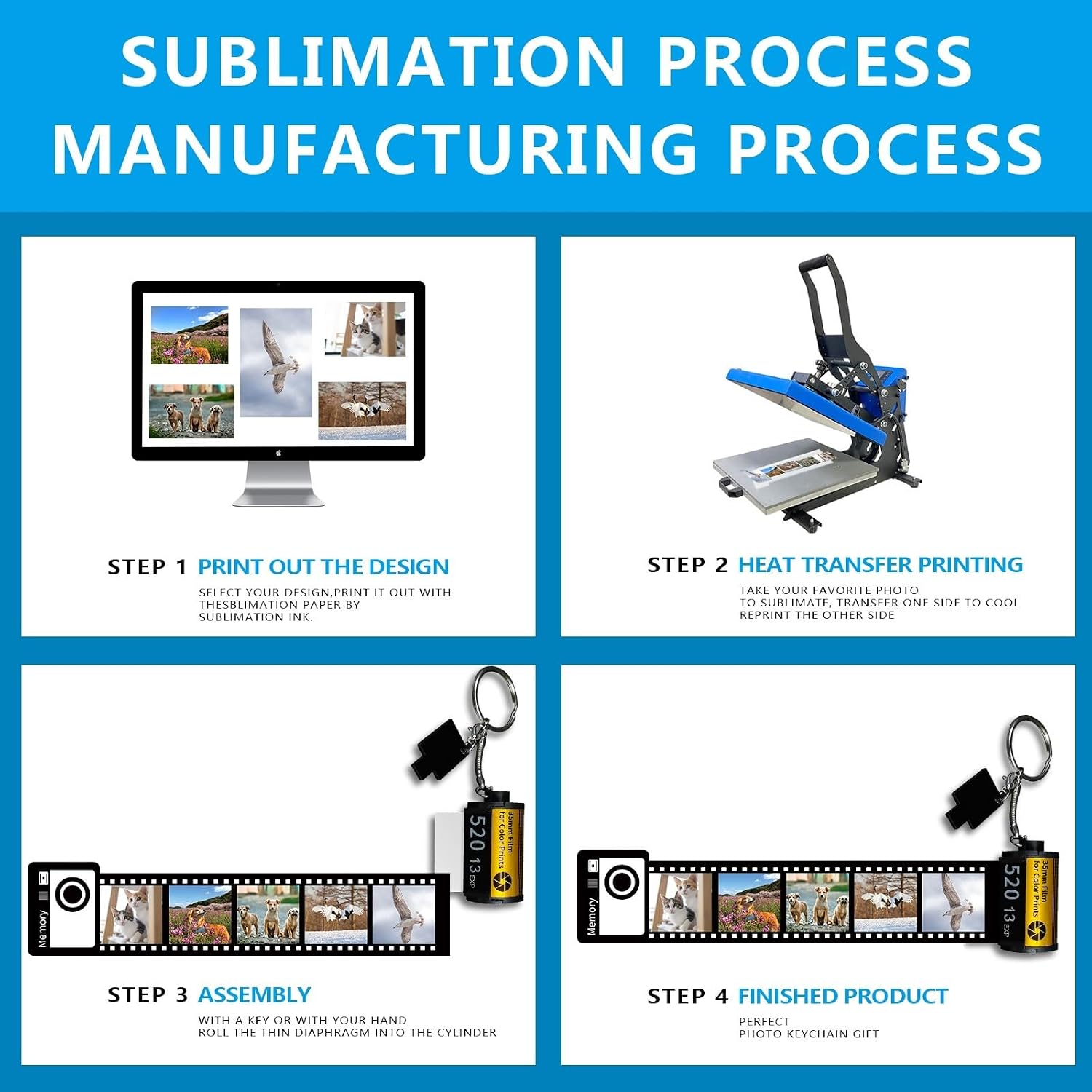 OKBA Sublimation blank memory film roll keychain, double-sided sublimation camera film roll key chain