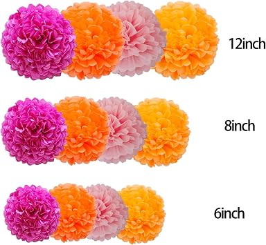 12pcs Hot Pink and Orange Tissue Paper Pom Poms,Hanging Paper Pompoms for Pink Orange Party Decoration