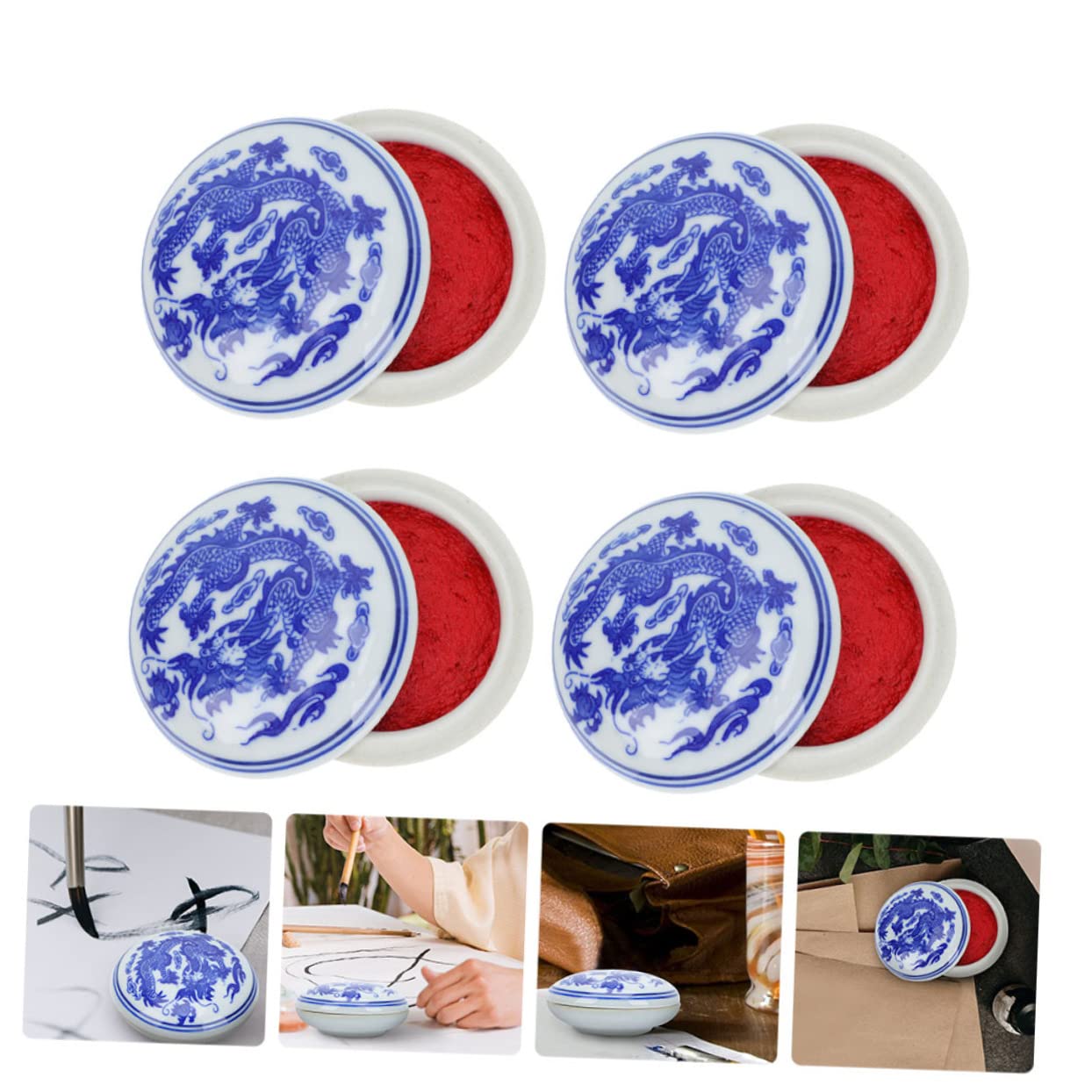 jojofuny Tampone di Inchiostro Ceramico Rosso 4 Pezzi, Superficie Liscia e Riutilizzabile, per Calligrafia, Pittura e Timbri Stile Cinese