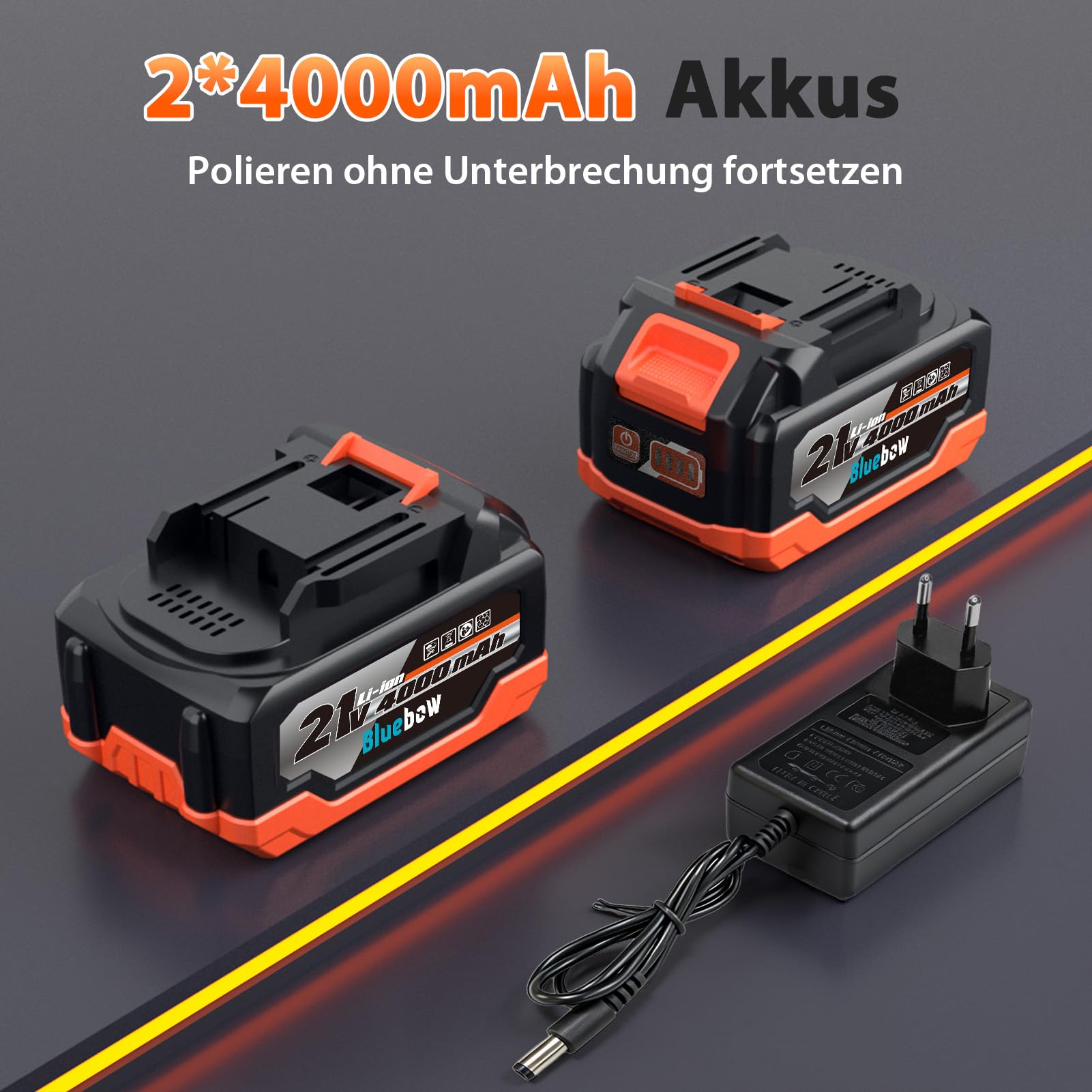 Akku Poliermaschine Auto, 6 Zoll Polierer Set 2x 4000mAh 21V-Akkus, 8 variablen Geschwindigkeitsstufen, LED-Display und 18-teiligem Polier-Zubehörset für Wachsen, Polieren und Kratzerentfernung
