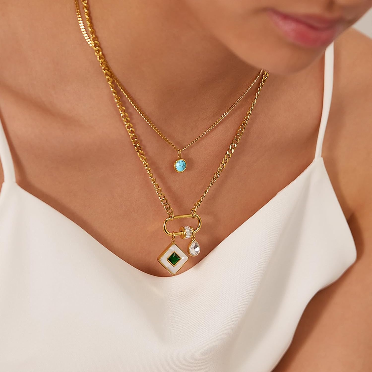 Gold-Plated Square Pendant Necklace for Women Double Layers Necklace Stainless Steel Delicate Fashion Necklace Jewelry Gift - Image 6