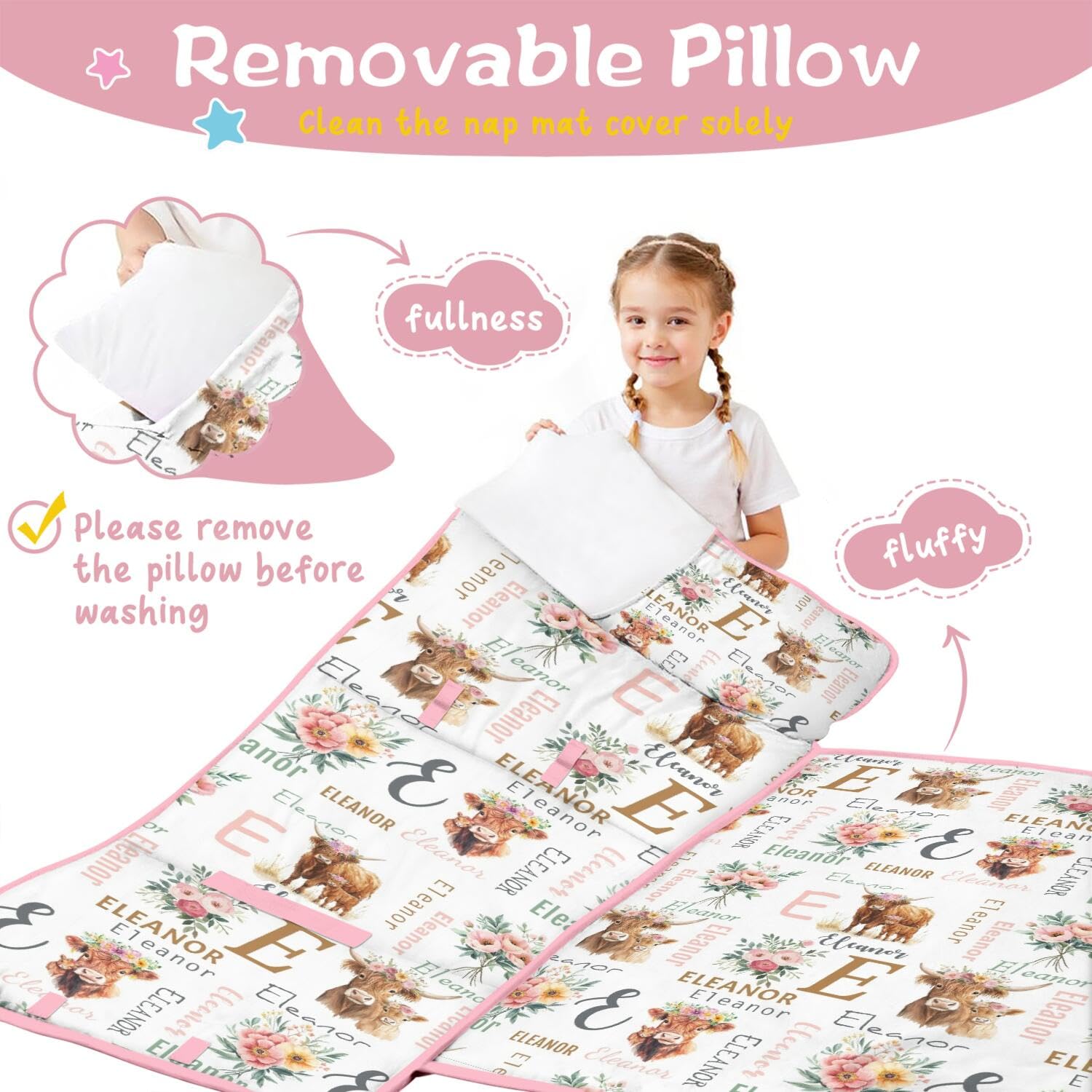 Personalized Name Toddlers Nap Mat for Daycare Preschool Kindergarten, Customized Highland Cattle Kids Sleeping Bag with Pillow & Blanket, Farm Theme Cow Toddler Napping Mats for Girls Boys