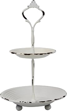 Stonebriar Small 2 Tier Worn White Metal Tray, Rustic Farmhouse Decor, Tiered Jewelry Tray for Vanity or Bathroom, 9.25"