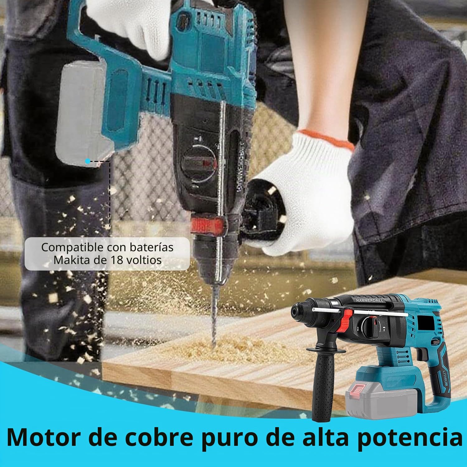 Broca de martillo para taladro martillo sin escobillas Makita 18V 3 en 1 con 7 piezas, taladro, guantes, 3 modos de funcionamiento, mango antivibración y embrague de seguridad