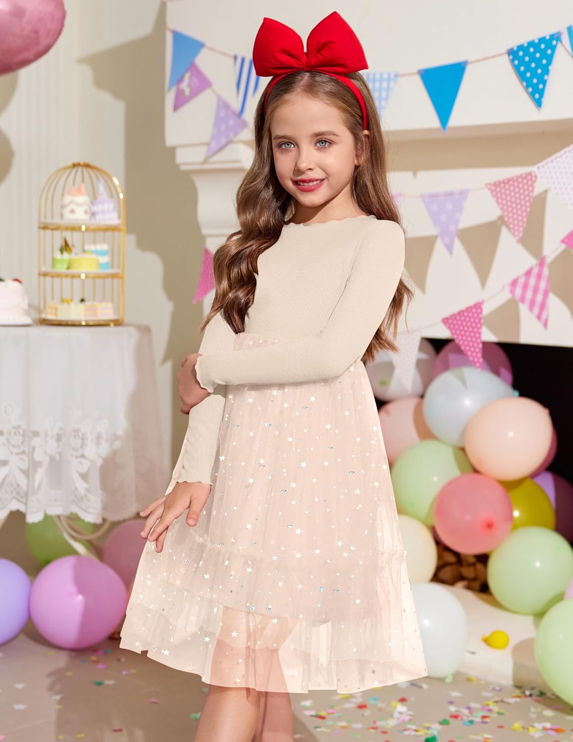 Arshiner Toddler Girl Tutu Dress Fall Winter Long Sleeve Star Sequin Holiday Party Tulle Dresses 2-6Y - Image 5