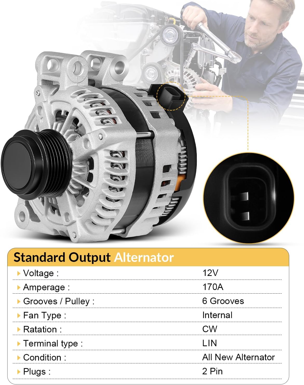 AATEE High Output Alternator for:-GMC Acadia 2007-2016, for:-Chevy Traverse 2009-2017, for:-Buick Enclave 2008-2017, for:-Saturn Outlook 2007-2010, V6 3.6L 12V 170Amp 6-Groove, OE# 25815839 (NEW)