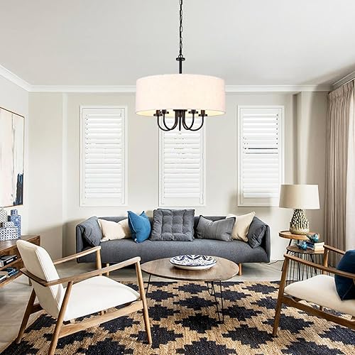 Miniatura 3 de Candelabro de tambor de 5 luces de 19 pulgadas para comedor, moderno, negro, estilo granja, lámpara de lino blanco, lámpara colgante para sala
