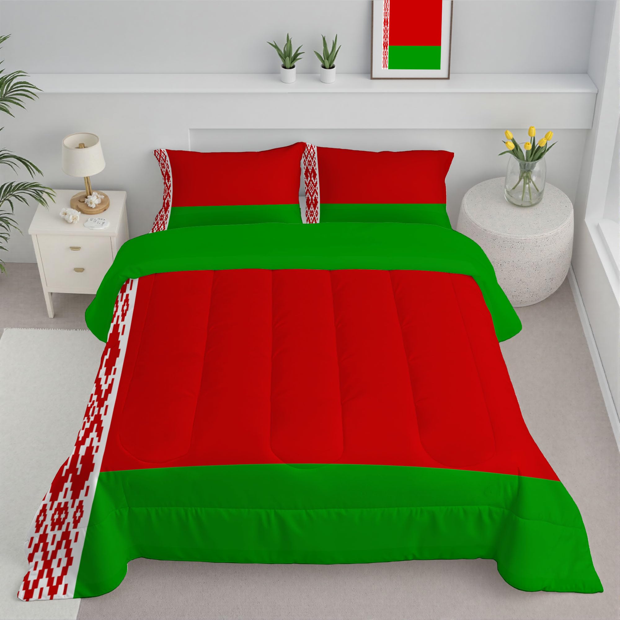 Edredón de plumón suave 140x200 reversible rojo verde con diseño étnico
