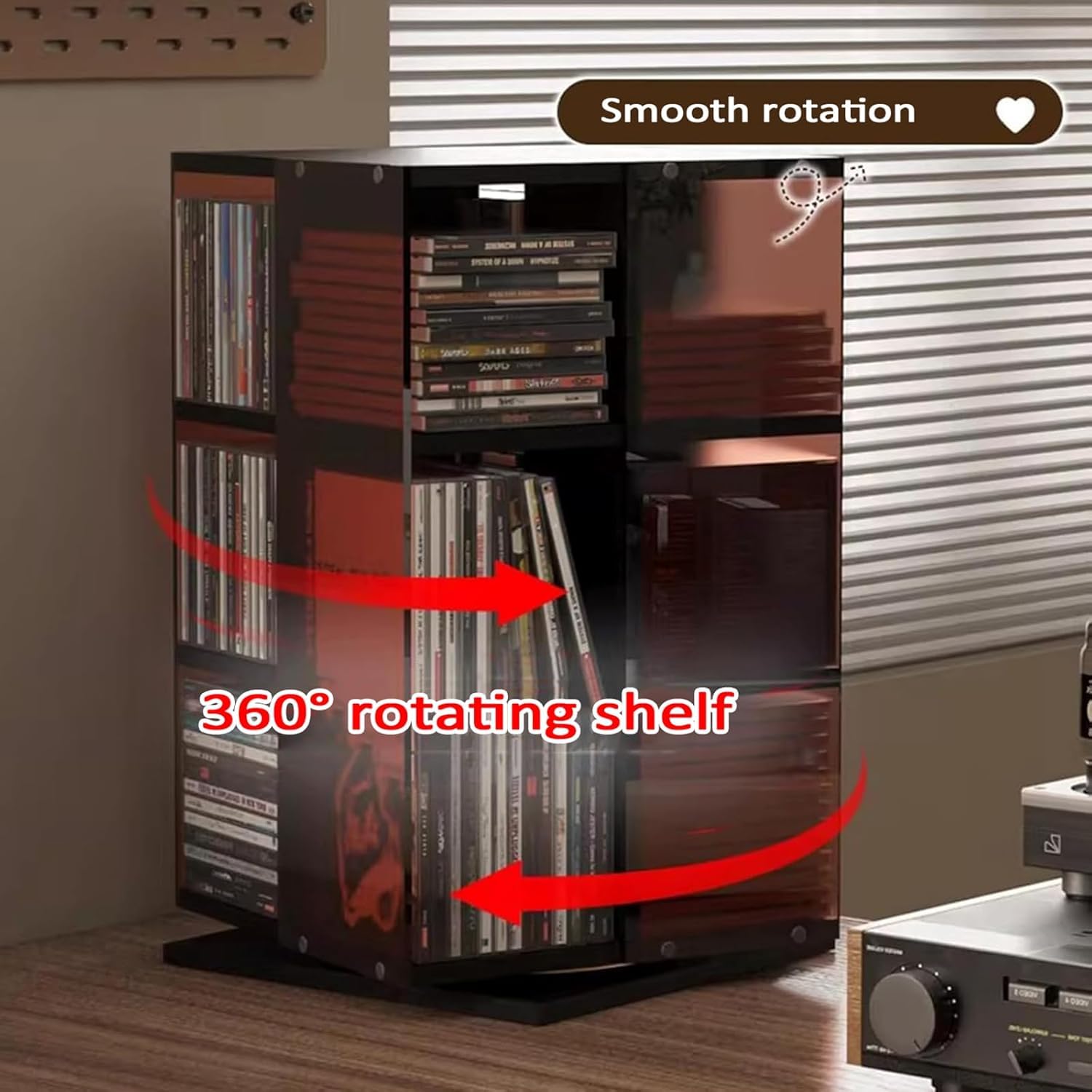 Torre di archiviazione rotante per dischi in vinile, porta CD a 360°, display aperto su 4 lati, contiene 120 CD, ideale per libri, riviste e DVD
