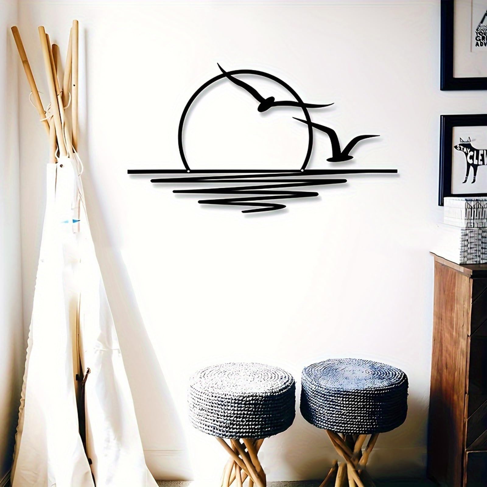 Arte de pared de metal del amanecer, decoración de la pared del metal del sol, decoración de la pared del metal de las gaviotas, decoración abstracta del hogar del atardecer, arte minimalista de la lí