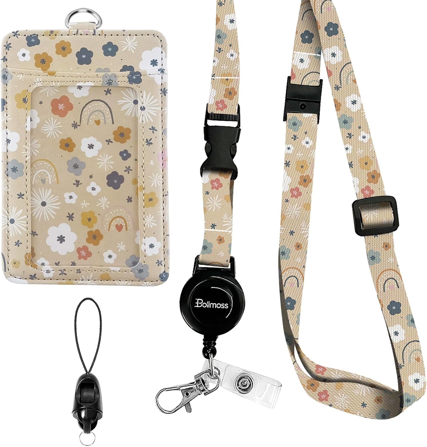 bolimoss Flowers Rainbows Badge Holder with Adjustable Retractable Lanyard, Cute Leather ID Name Badge Card Holder with Quick Release Buckle and Safety Breakaway Lanyards for ID Badges