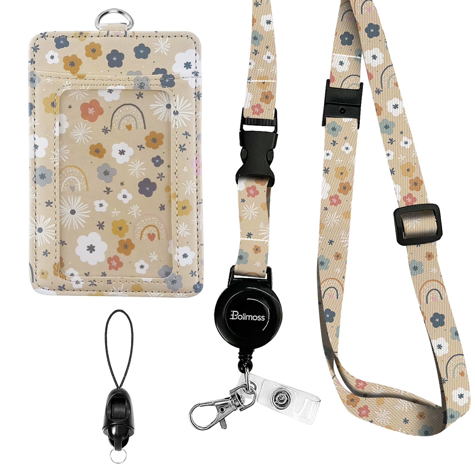 bolimoss Flowers Rainbows Badge Holder with Adjustable Retractable Lanyard, Cute Leather ID Name Badge Card Holder with Quick Release Buckle and Safety Breakaway Lanyards for ID Badges — image 1