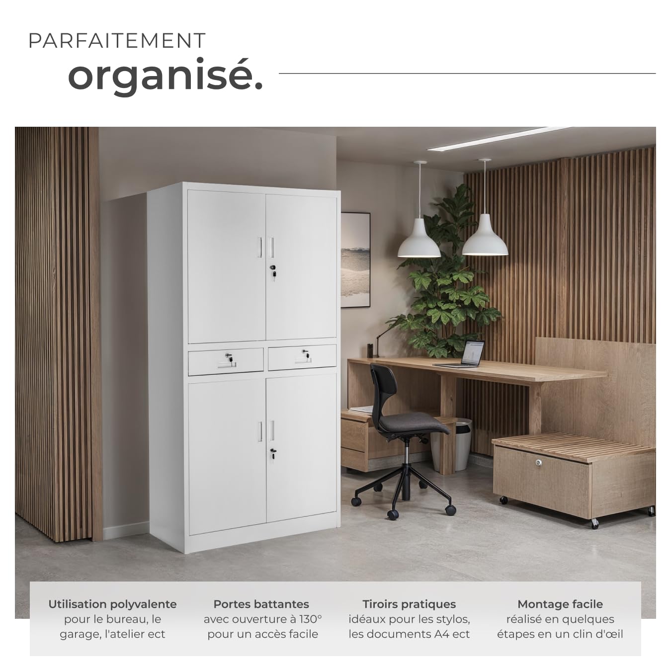 tectake Armoire de Rangement Metal Armoire de Bureau avec Serrure 4 Portes battantes et 2 tiroirs verrouillables pour Rangement Dossier, 80 x 40 x 180 cm - Gris Clair