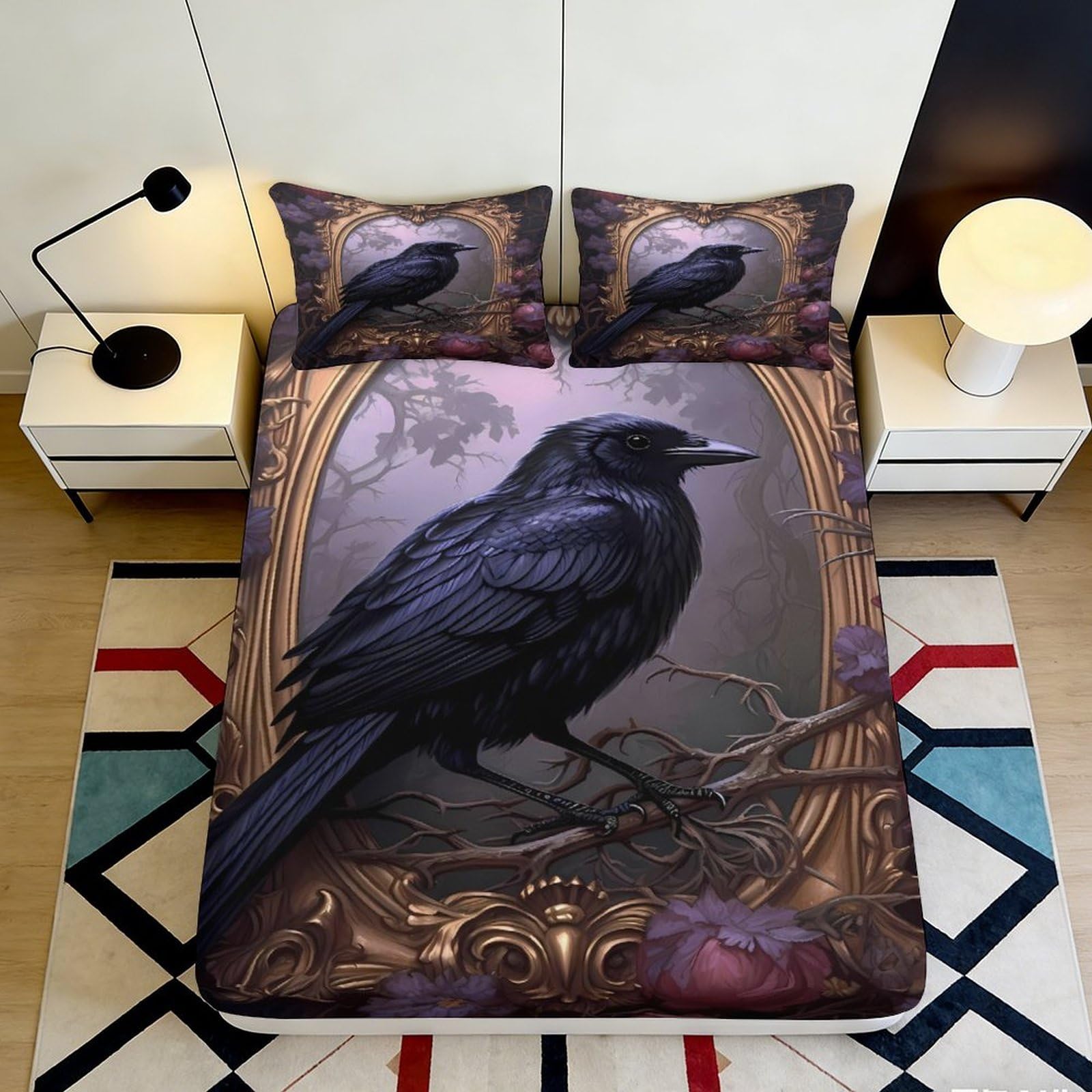 Jqzkxnhpbr Style-6 3D Printed Black Raven Fitted Sheet Microfiber Soft Gothic Art Bed Cover For Bedroom Dorm Decor Mattress Protection 90X200x25cm