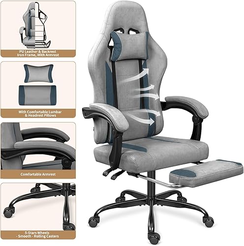 Miniatura 4 de Silla de juegos de tela transpirable con reposapiés, silla de juegos de altura ajustable, silla de videojuegos para sala de juegos, sala de estar y