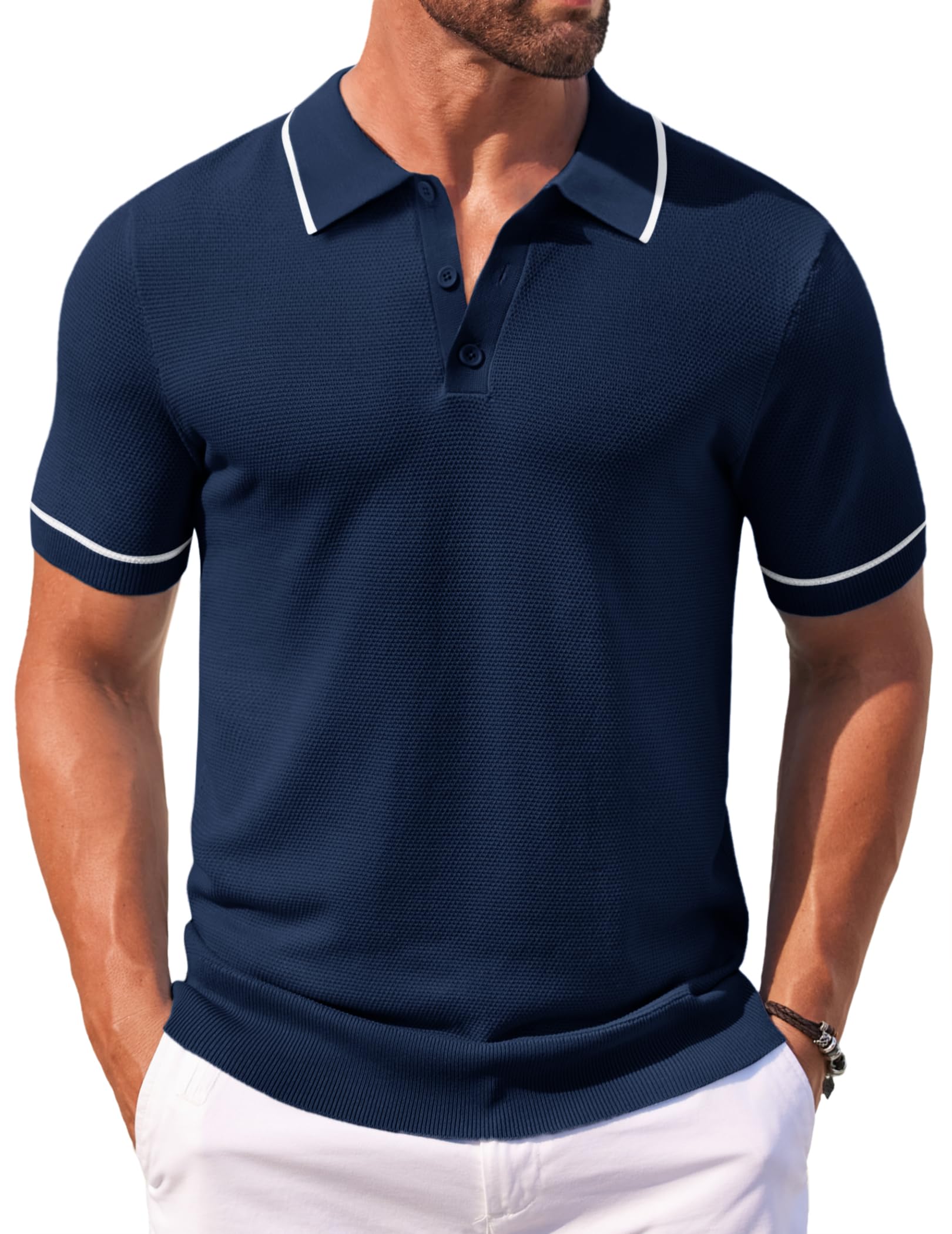 COOFANDY Men's Knit Polo Shirts Casual Short Sleeve Button Down Shirts Crochet Classic Golf Polo Collared Shirts