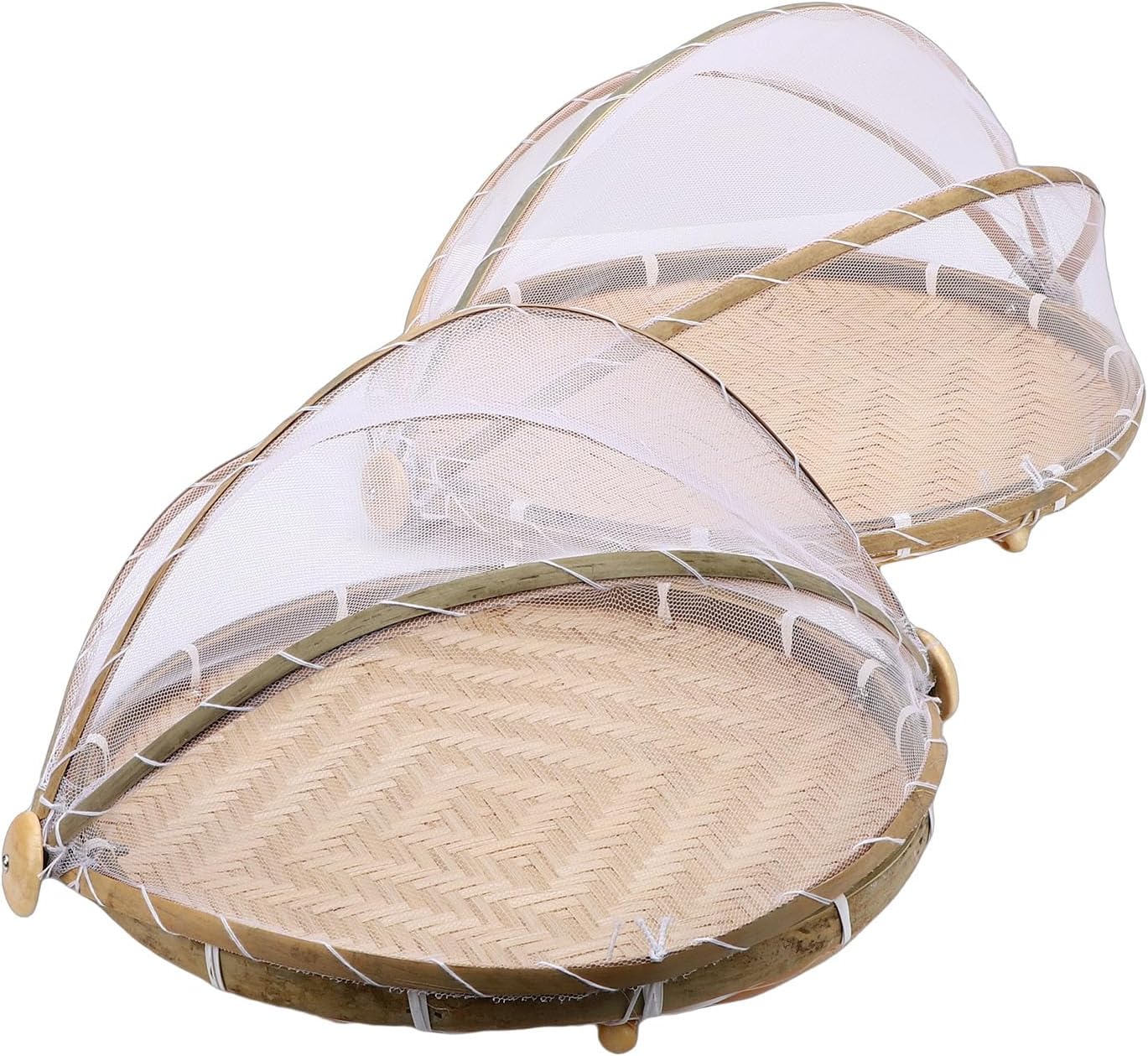 2PCS Food Serving Tent Basket Hand Woven Basket Dust Proof Vegetable Fruits Bread Storage with Mesh Gauze Cover Round