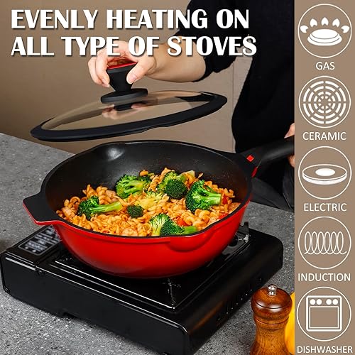 Miniatura 2 de DIIG Sartén antiadherente profunda con tapa, sartén de 12 pulgadas5.5 cuartos de galón con espátula de silicona, sartén de cocina para cocinar,