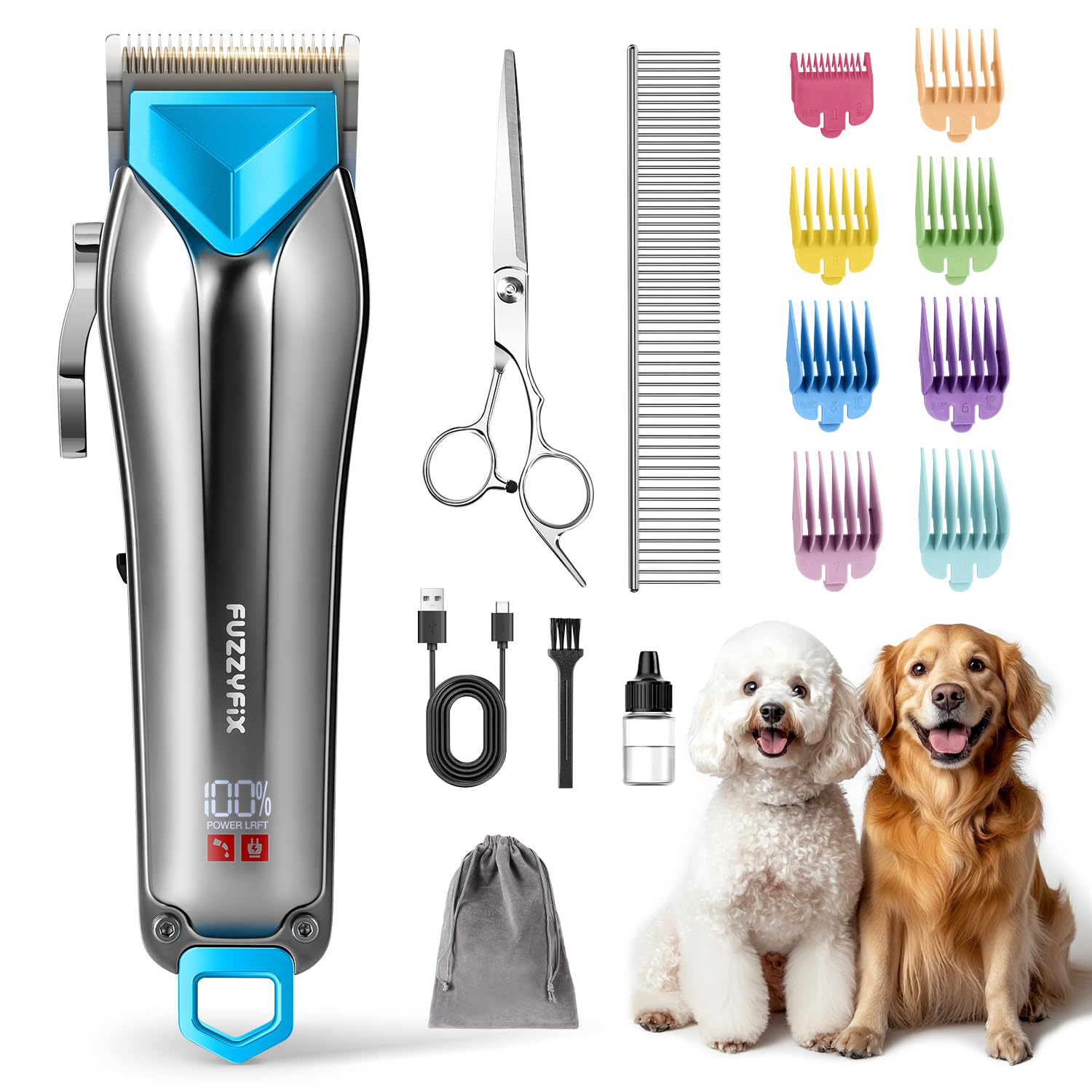 FuzzyFix Dog Clippers for Grooming with Detachable Blade for Thick Coats, Cordless Rechargeable Low Noise Professional Pet Grooming Hair Trimmer