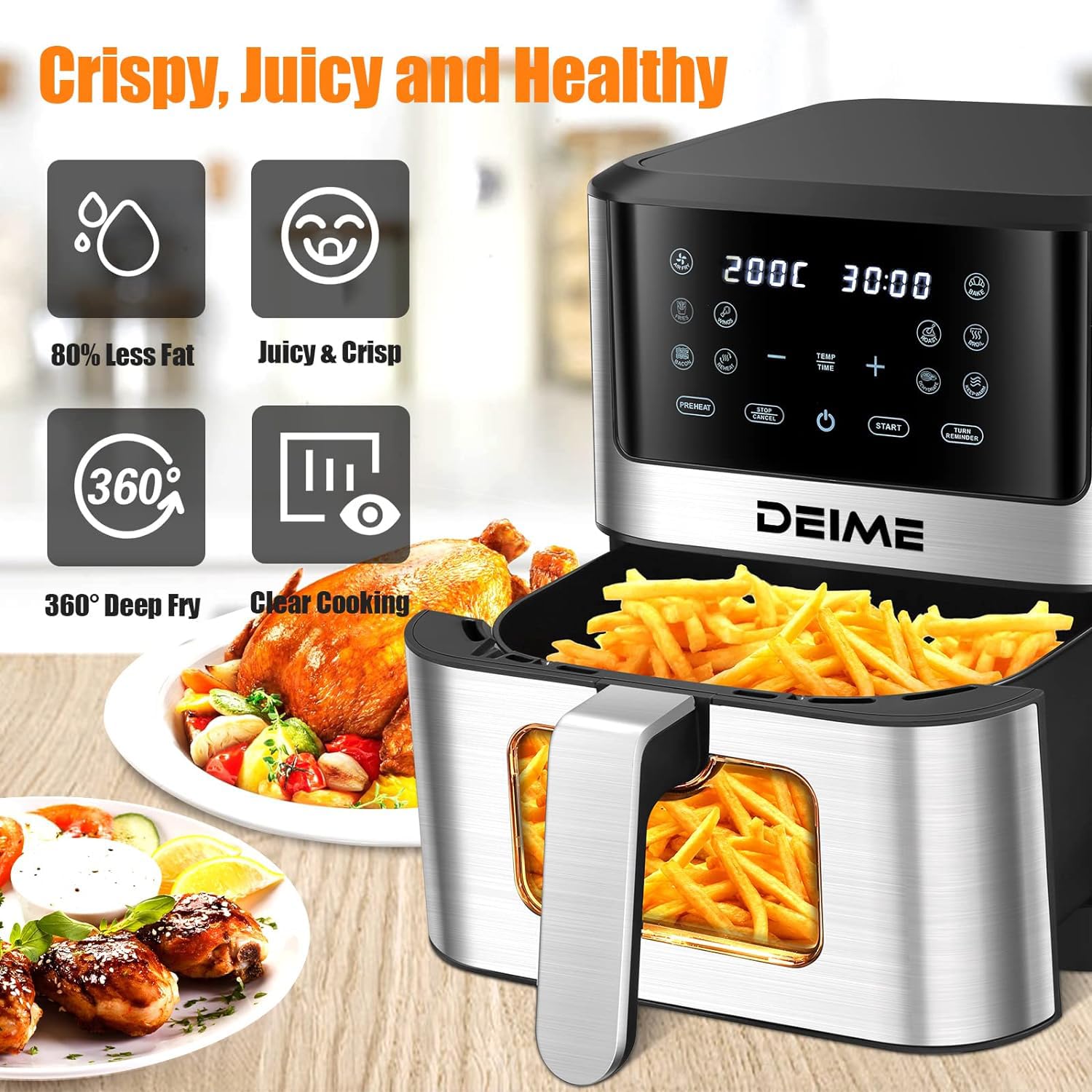 Freidora de Aire 10 Funciones, 6L, 1500W, Control Digital de Temperatura 80-200°C y Tiempo, Temporizador hasta 60 min. Pantalla LED, Ventana de Cocción Visible, Antideslizante. (6 LITROS)