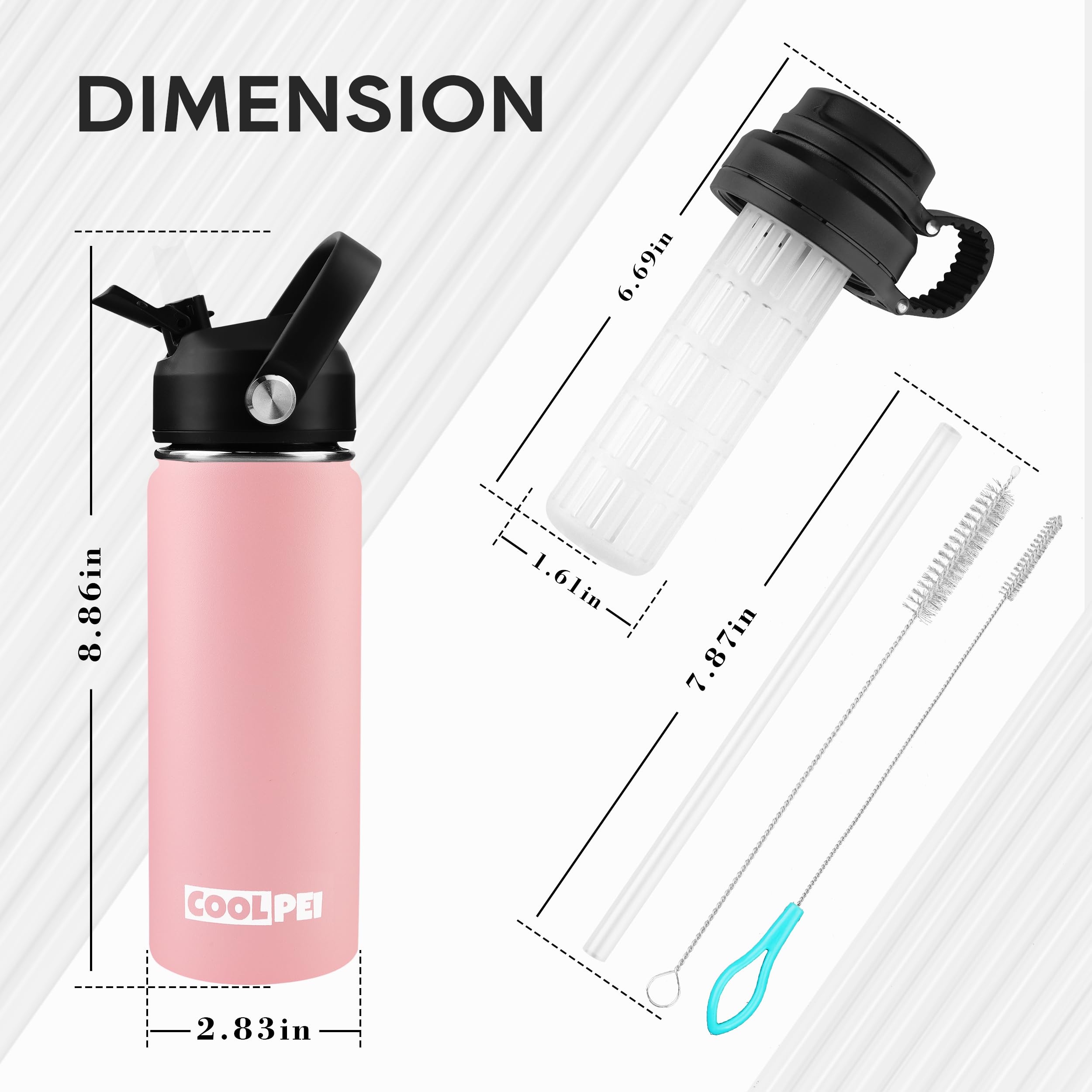 Botella de agua de viaje de acero inoxidable con filtro colador de té, botellas de té aisladas con popote y 2 tapas, taza térmica de metal blanco, botella de agua con aislamiento al vacío para