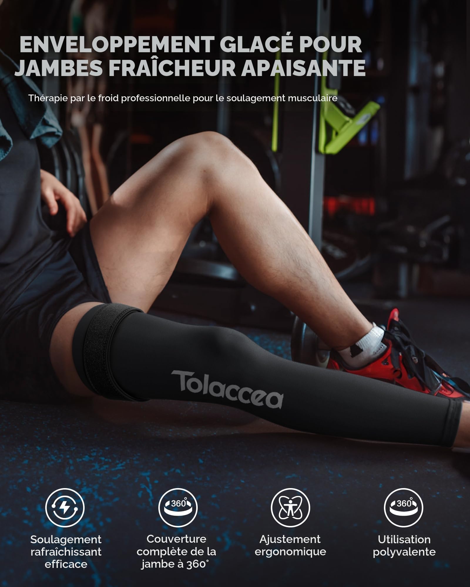 Tolaccea Pack de Froid pour Jambe Complète avec Couverture 360° – Compresse Réutilisable avec Gel pour Soulager la Douleur & la Récupération Musculaire – Manchon de Froid pour Pied, Mollet, Cuisse(L)