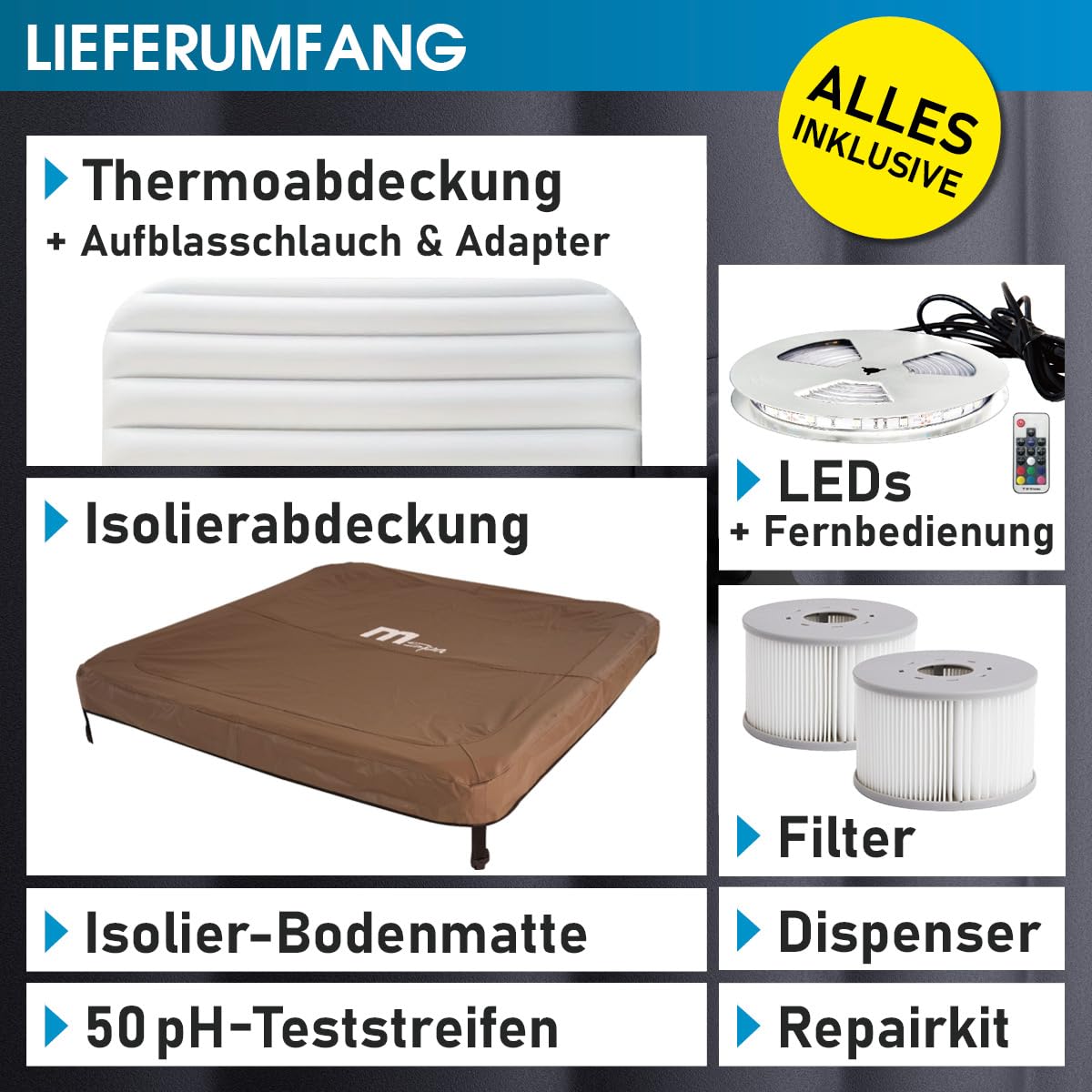 BRAST Whirlpool MSpa Oslo Amber mit Fester Außenwand | LED-Beleuchtung in 20 Farben für 6 Personen | 160x160x65cm | 120 Massagedüsen | Ganzjähriger Einsatz Winterfest | In & Outdoor Pool