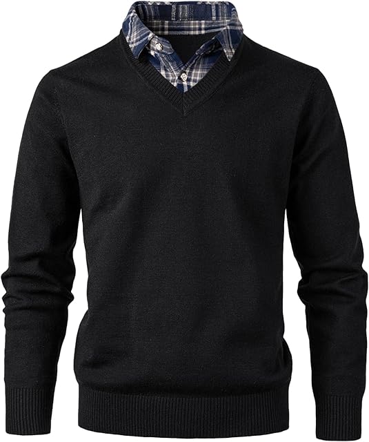 OlyljpinZ Men's Sweatshirt with Mock Shirt Collar Winter Warm Fleece Lined V-Neck Jumpers Casual Knitwear Pullover Long Sleeve Slim Fit Sweater