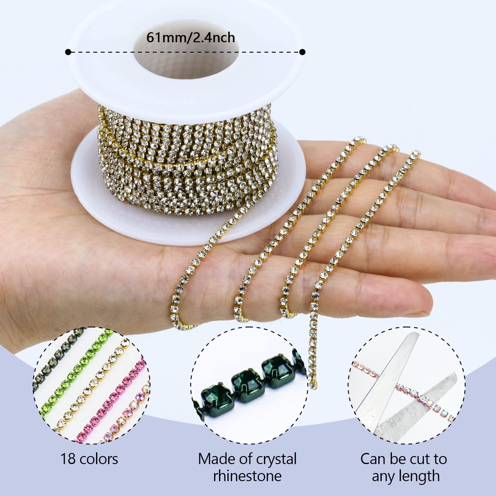 Dowarm 10 Yards 2MM Crystal Gold Rhinestone Close Chain Trim for Sewing Crocs Shoes Clothes Cups, SS6 Claw Rhinestone Chain for Craft Jewelry Wedding Bouquet DIY Decoration 1