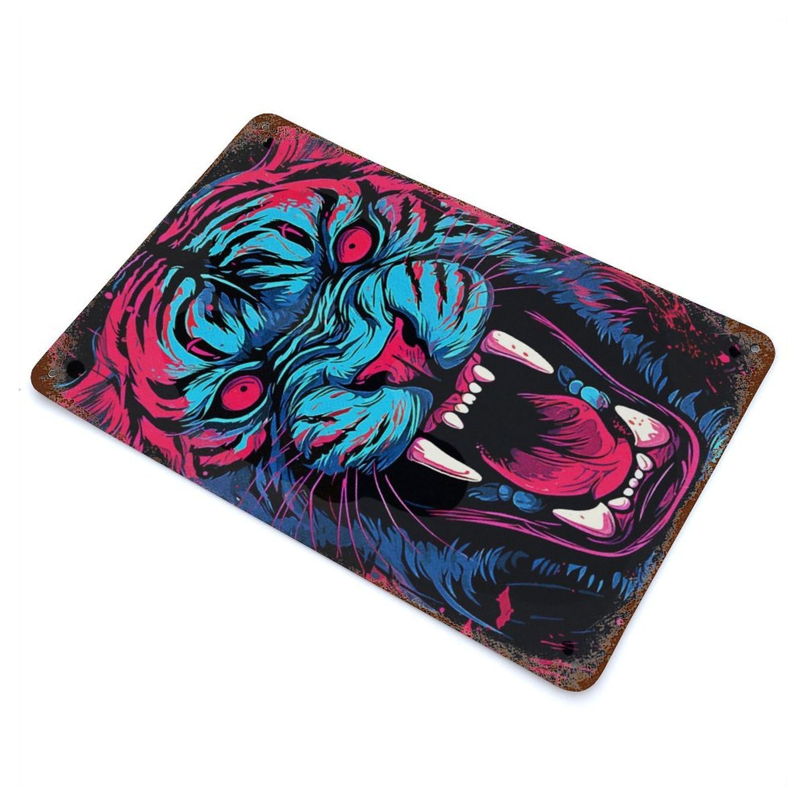 Garage Style Neon Vintage Tiger Aged Metal Wall Plaque 11.8"x7.9", Farmhouse Wall Decor for Bar And Workshop