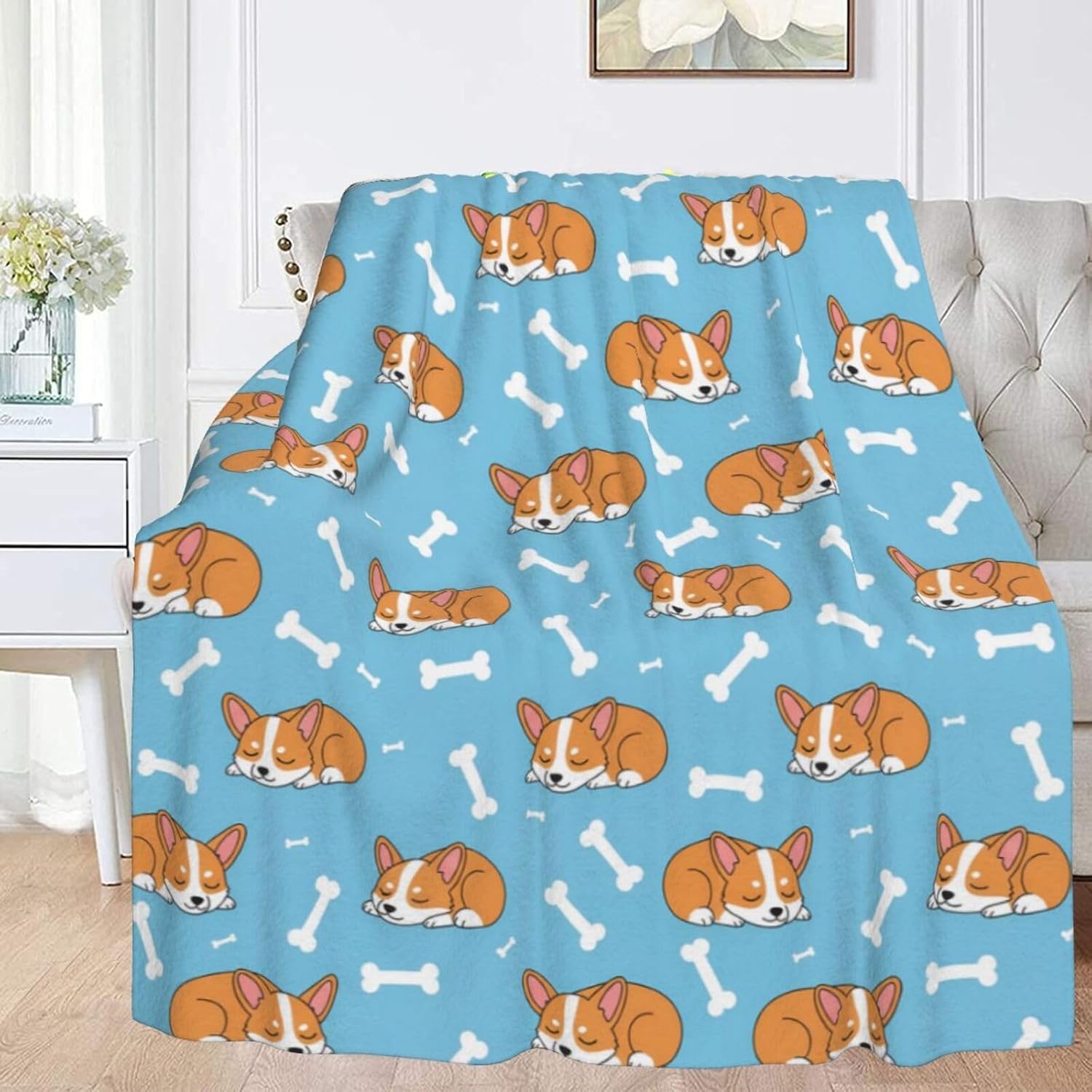 Kawaii Sleep Corgi Cute Blue Flannel Fleece Throw Blanket 50x60 inch Living Room/Bedroom/Sofa Couch Warm Soft Bed Blanket for Kids Adults