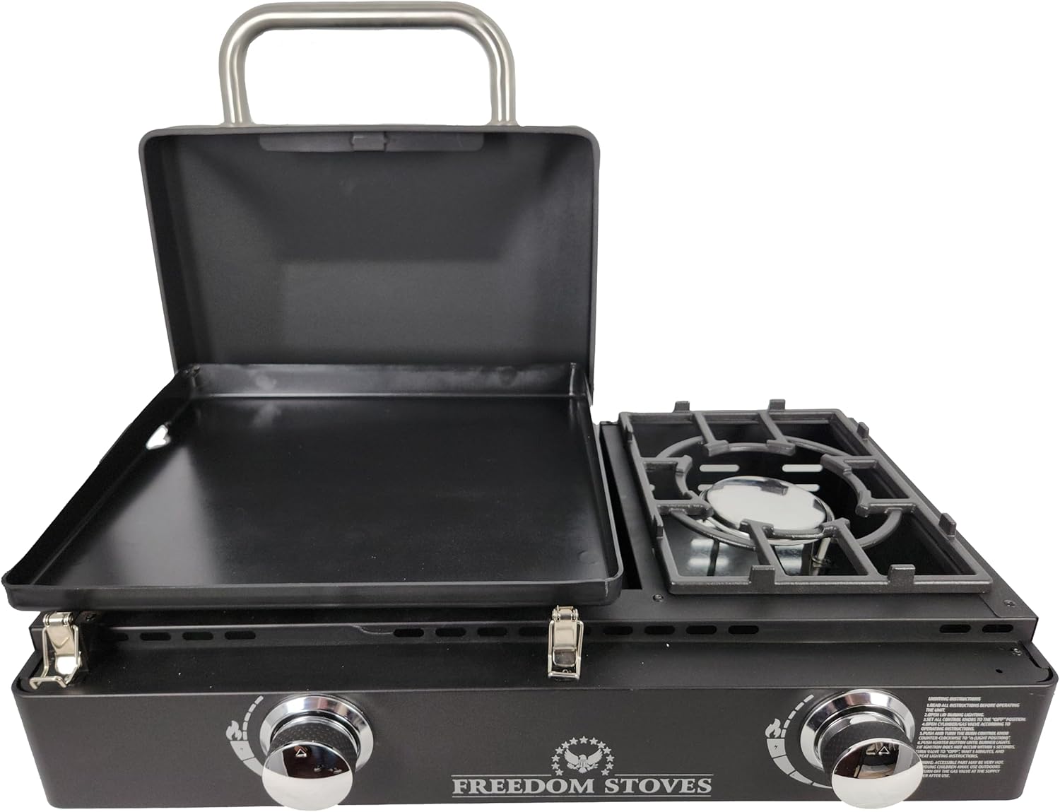 Freedom Stoves 22" Propane Gas Griddle: Easy Clean Non Stick Ceramic Flat Top with Side Burner and Locking Lid, Includes Utensils, Cover, 1LB & 20LB LP Adapters