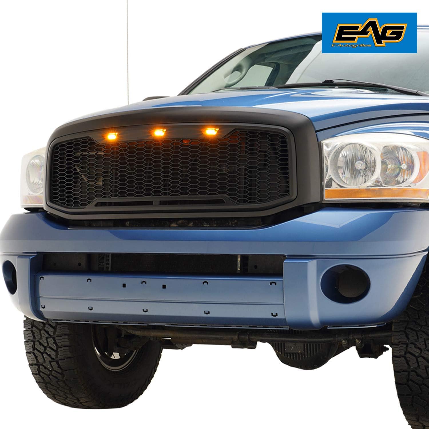 EAG Replacement Upper ABS Grille LED Grill With Amber LED Lights - Matte Black Fit for 06-08 Dodge Ram 1500/06-09 Dodge Ram 2500/3500