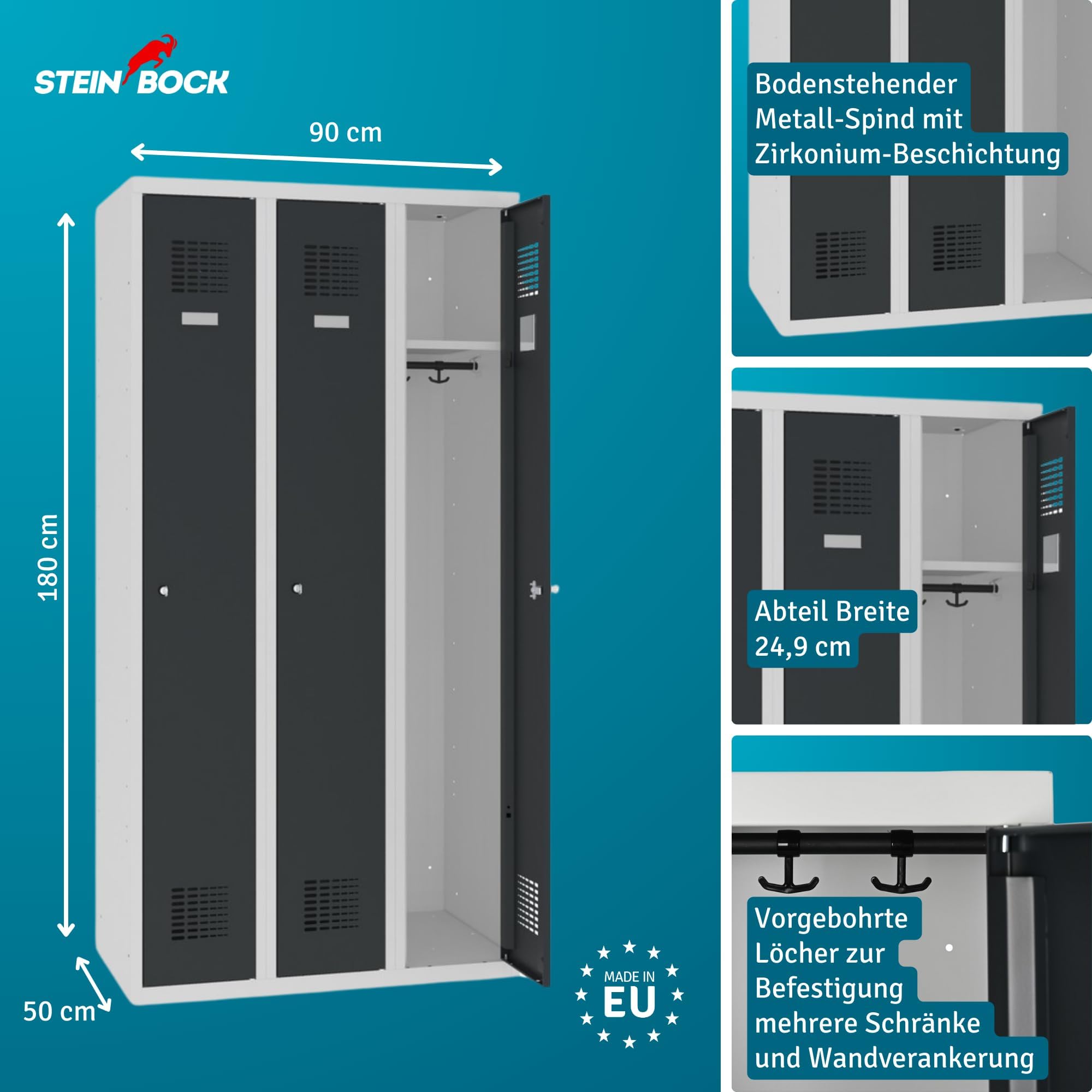 Steinbock Spind | 3 Abteile | HxBxT 180 x 90 x 50 cm | Drehriegelschloss | Anthrazit | Metallspind inkl. Einlegeboden, Kleiderstange, Namensschild | Schließfachschrank