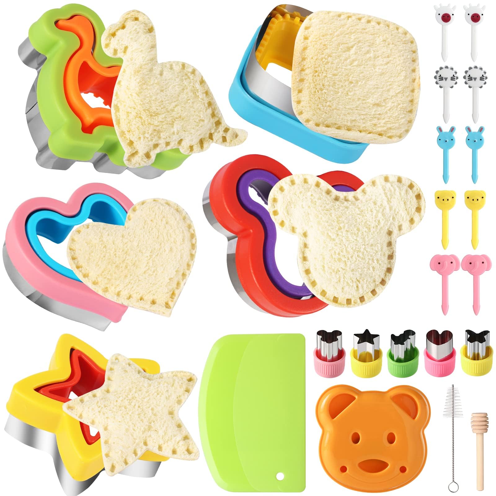 34 Pcs Sandwich Molds and Cutters - Bento Stamping, Cookie, Bread, Pancake Maker - Heart, Square, Dinosaur, Star, Mickey Shape DIY Mold for Boys and Girls